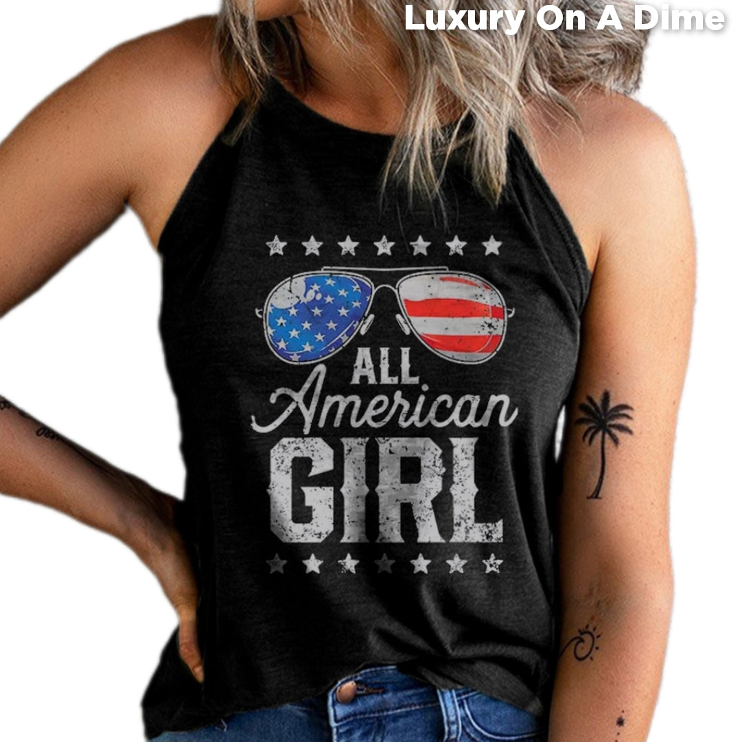 All American Girl Aviator Flag Graphic Shirt Patriotic Sleeveless Tank Top