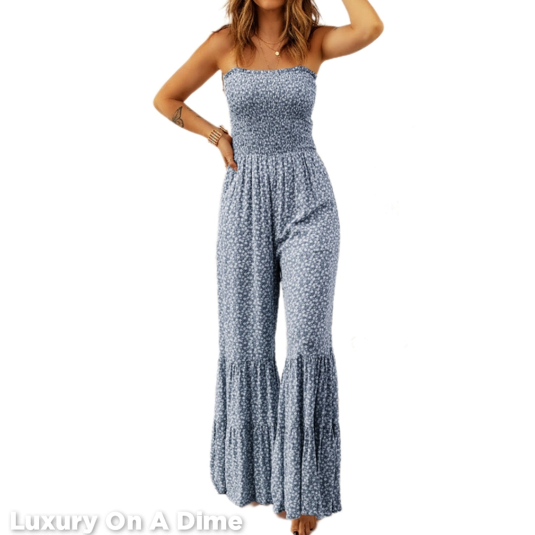Retro Hippie Pant One-piece Smocked Tiered Wide Leg Bell Bottom Jumpsuit Floral