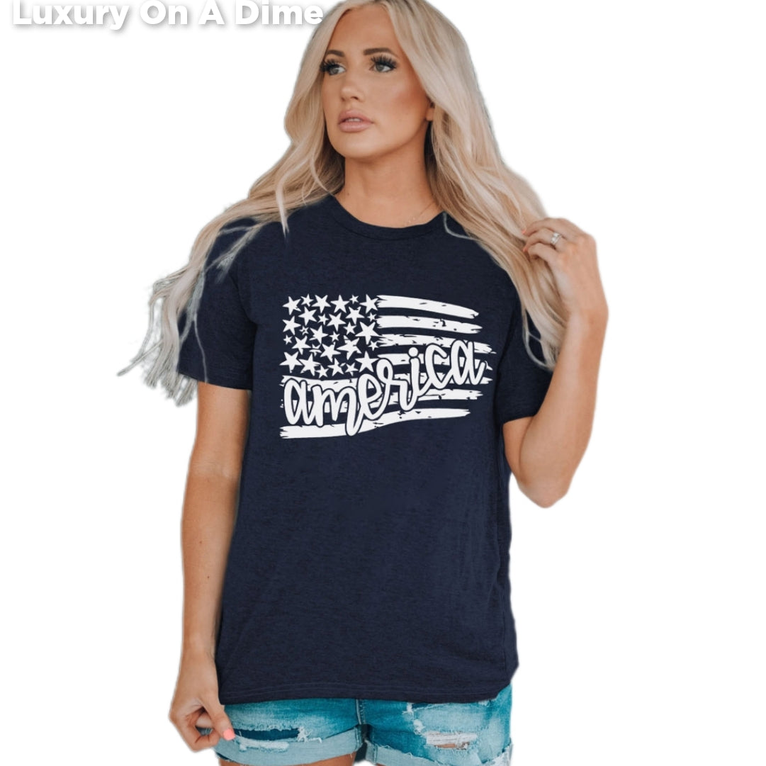 America Flag Graphic Top Classic Patriotic Cuffed Short Sleeve Womans Shirt Blue