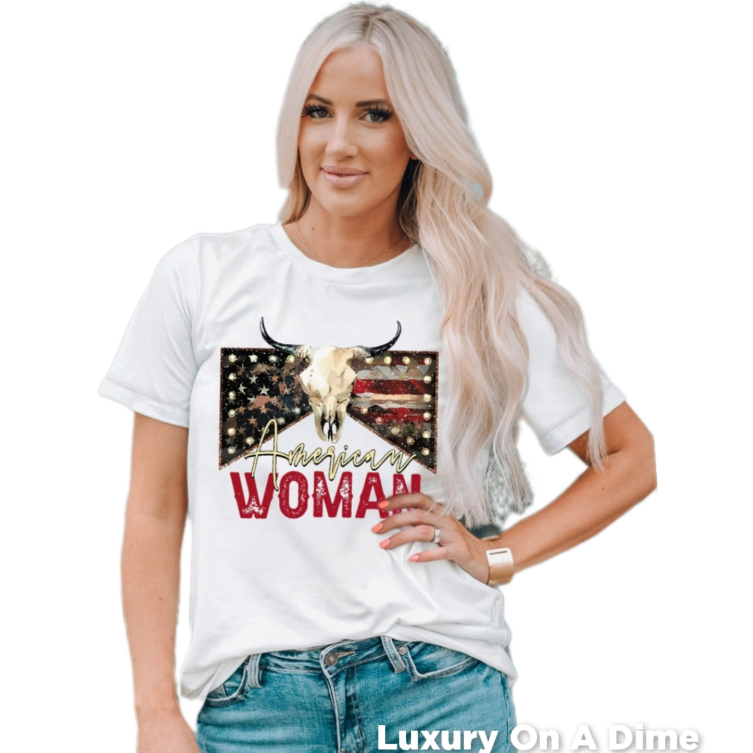 American Woman Graphic County Western Bull US Flag Top Cuffed Short Sleeve Shirt
