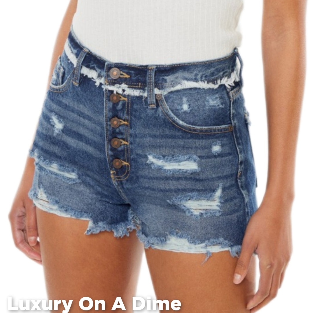 KanCan Button Fly High Rise Torn Distressed Denim Frayed Cut-Off Jean Shorts