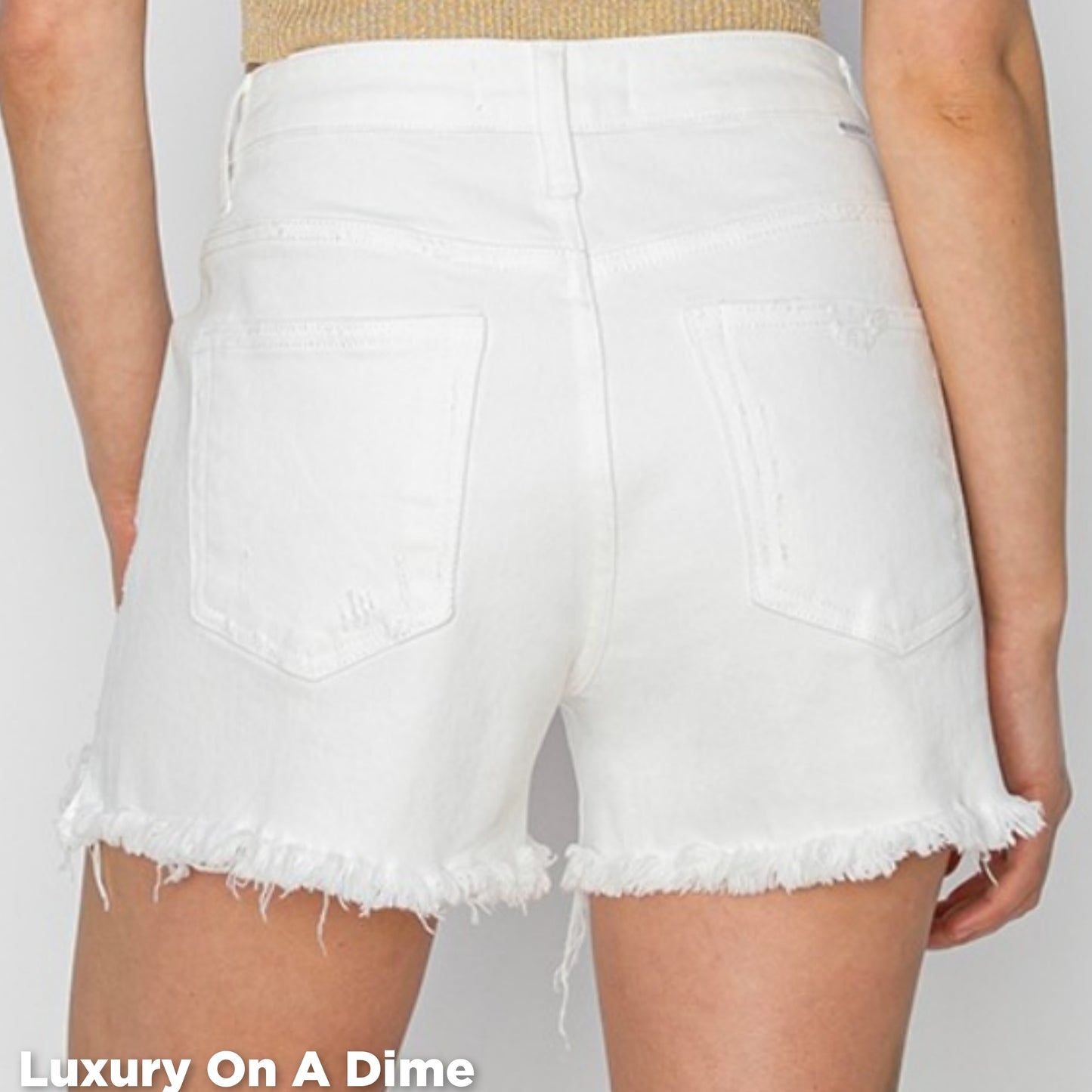 RISEN Button Fly Distressed White Denim Mid-Rise Shorts Frayed Cut-Off Jean