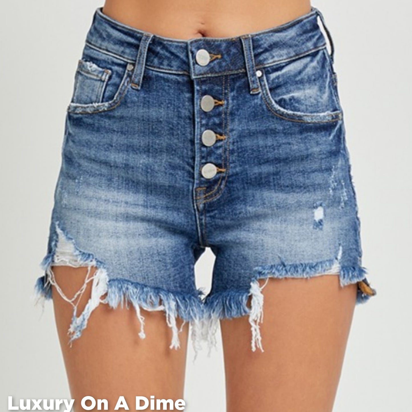 RISEN Button Fly Distressed Denim Mid-Rise Frayed Cut-Off Blue Jean Shorts