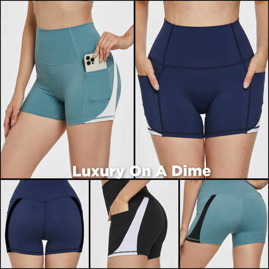 High Rise Waist Pocket Athletic Shorts Wide Waistband Contrasting Stripe Activewear