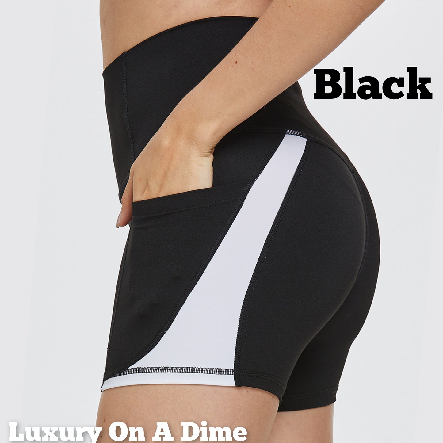 High Rise Waist Pocket Athletic Shorts Wide Waistband Contrasting Stripe Activewear