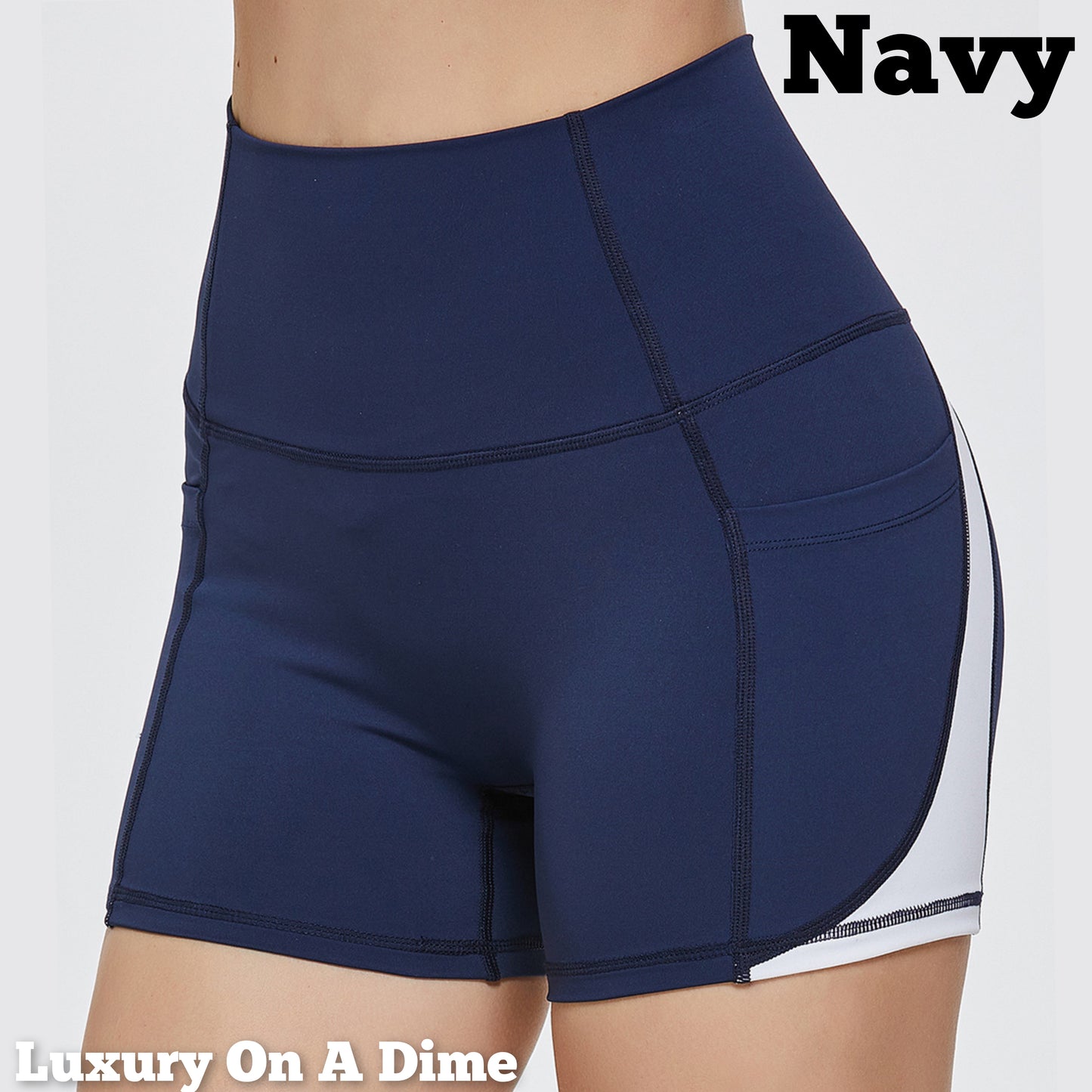 High Rise Waist Pocket Athletic Shorts Wide Waistband Contrasting Stripe Activewear