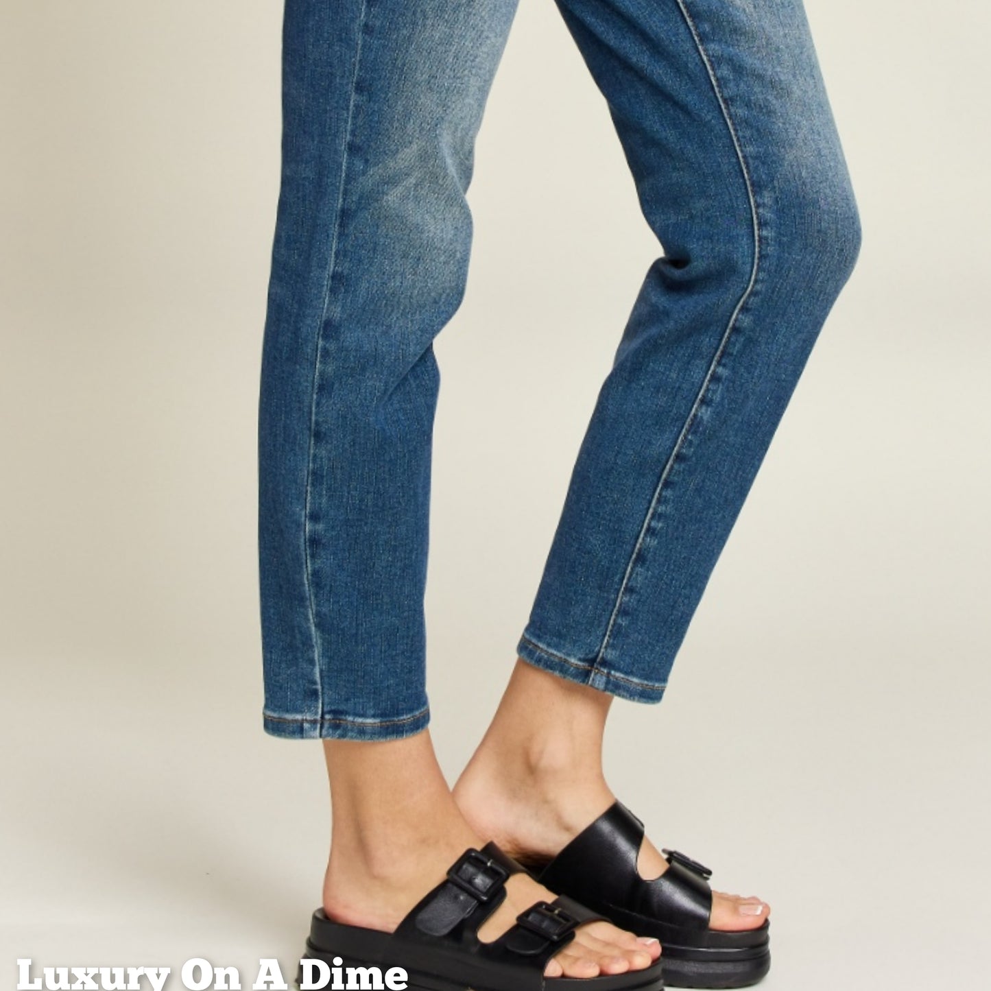 Judy Blue Tummy Control High-Rise Waist Distressed Slim Fit Stretch Dark Denim Ankle Jean Pants