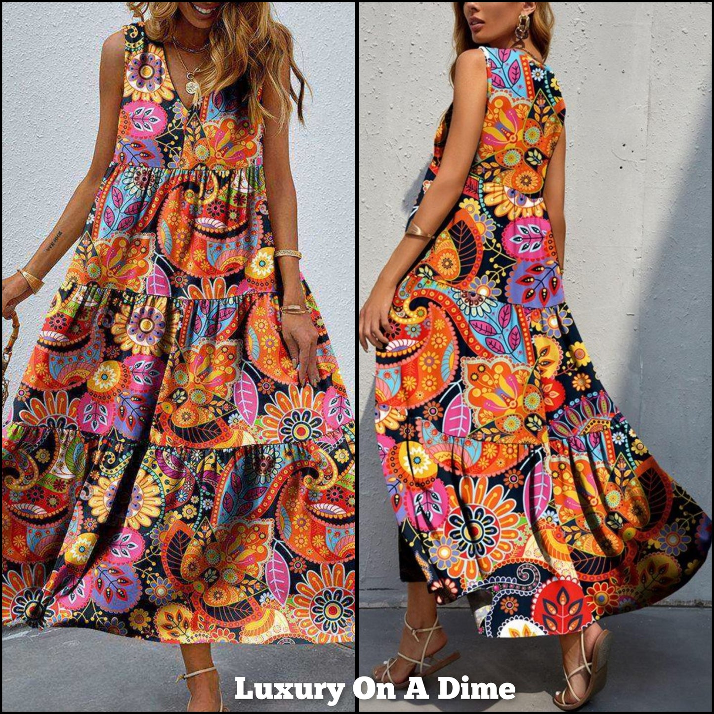 Bold Colorful Retro Floral Sleeveless Tiered V-Neck Oversized Summer Maxi Dress
