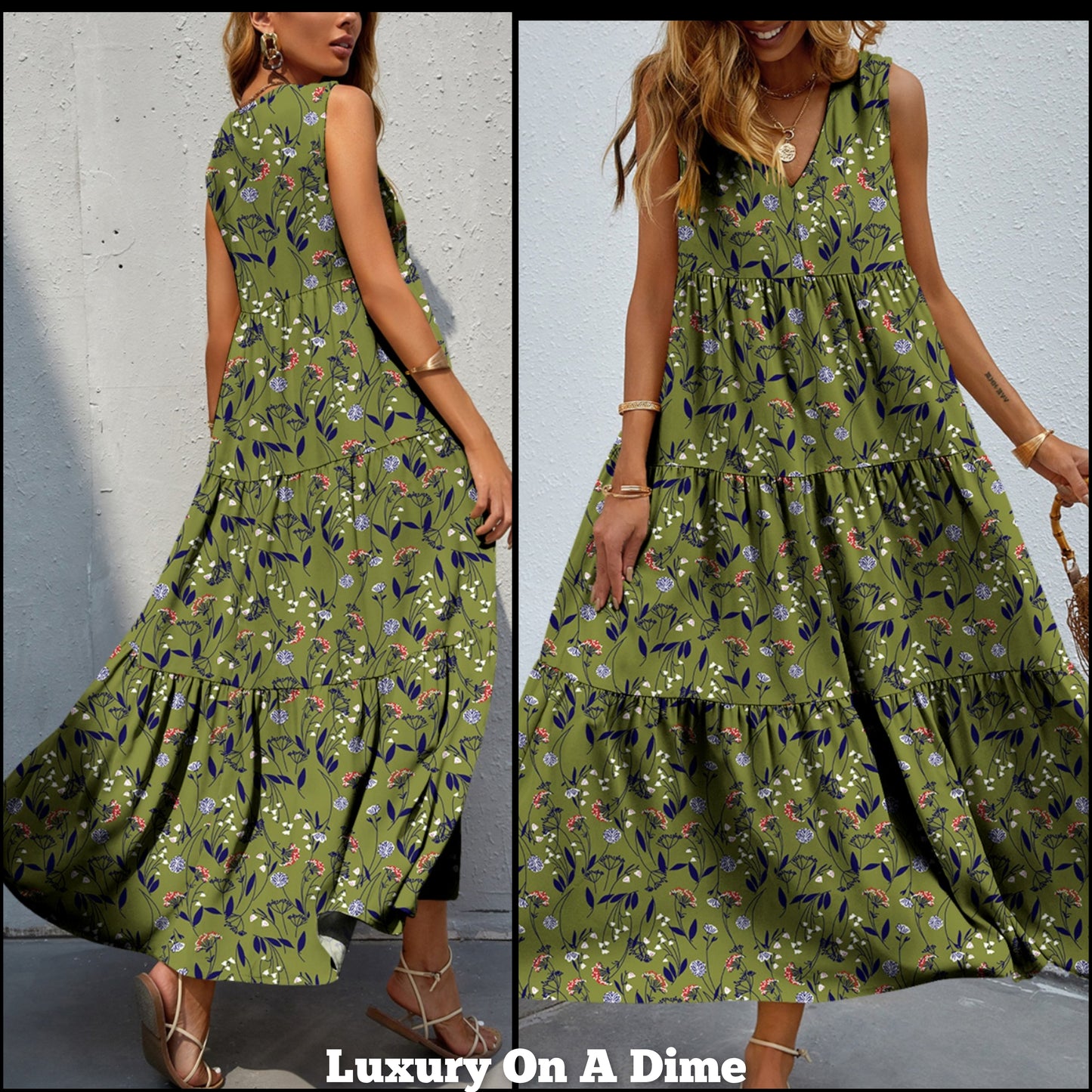 Bold Colorful Retro Floral Sleeveless Tiered V-Neck Oversized Summer Maxi Dress