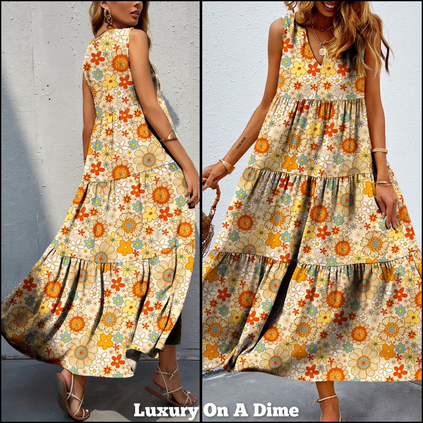 Bold Colorful Retro Floral Sleeveless Tiered V-Neck Oversized Summer Maxi Dress