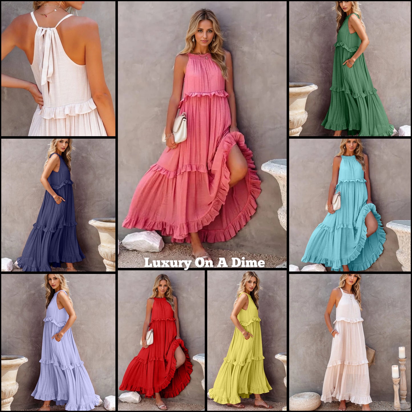 Ruffle Sleeveless Grecian Tie Back Tiered Summer Side Pocket Oversized High-Low Maxi Dress