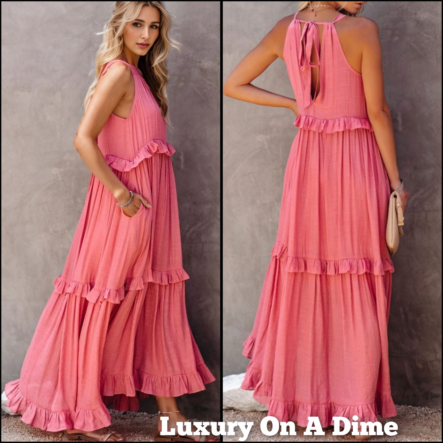 Ruffle Sleeveless Grecian Tie Back Tiered Summer Side Pocket Oversized High-Low Maxi Dress