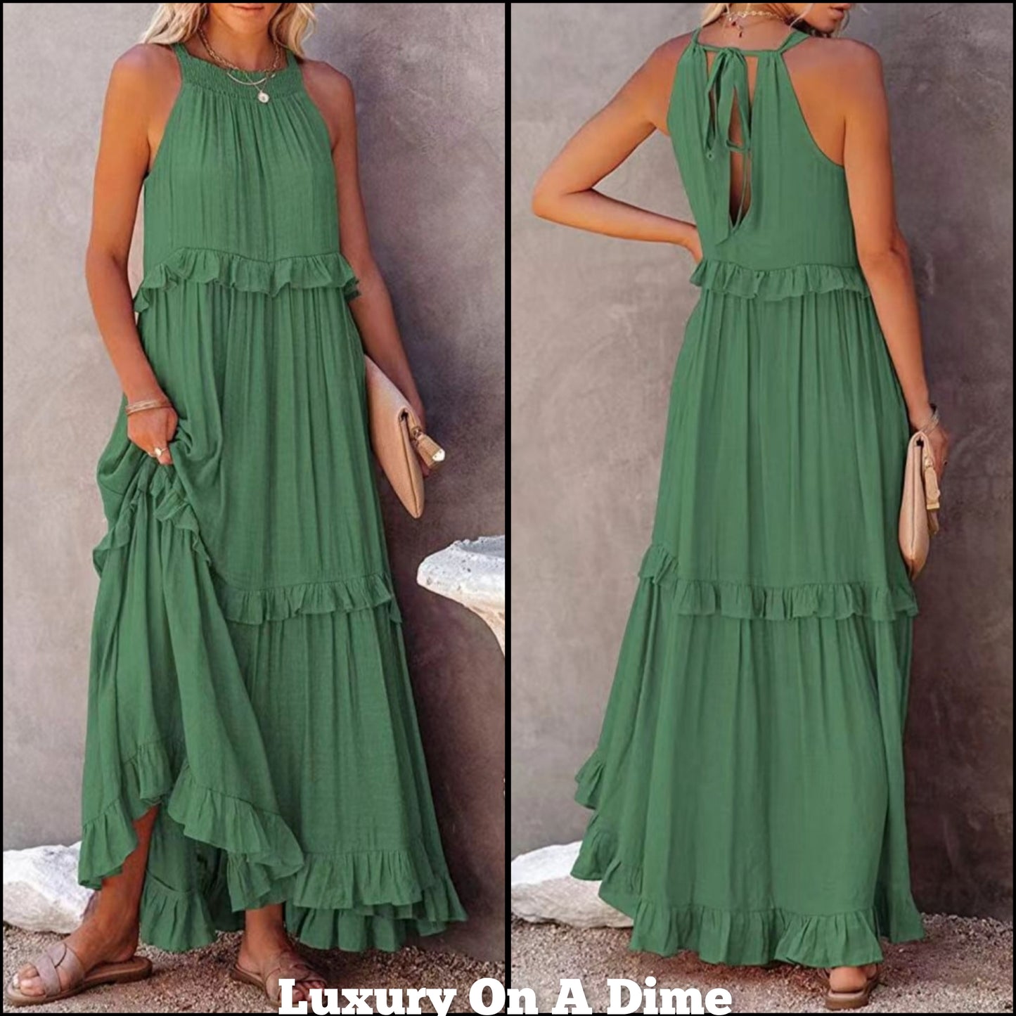 Ruffle Sleeveless Grecian Tie Back Tiered Summer Side Pocket Oversized High-Low Maxi Dress