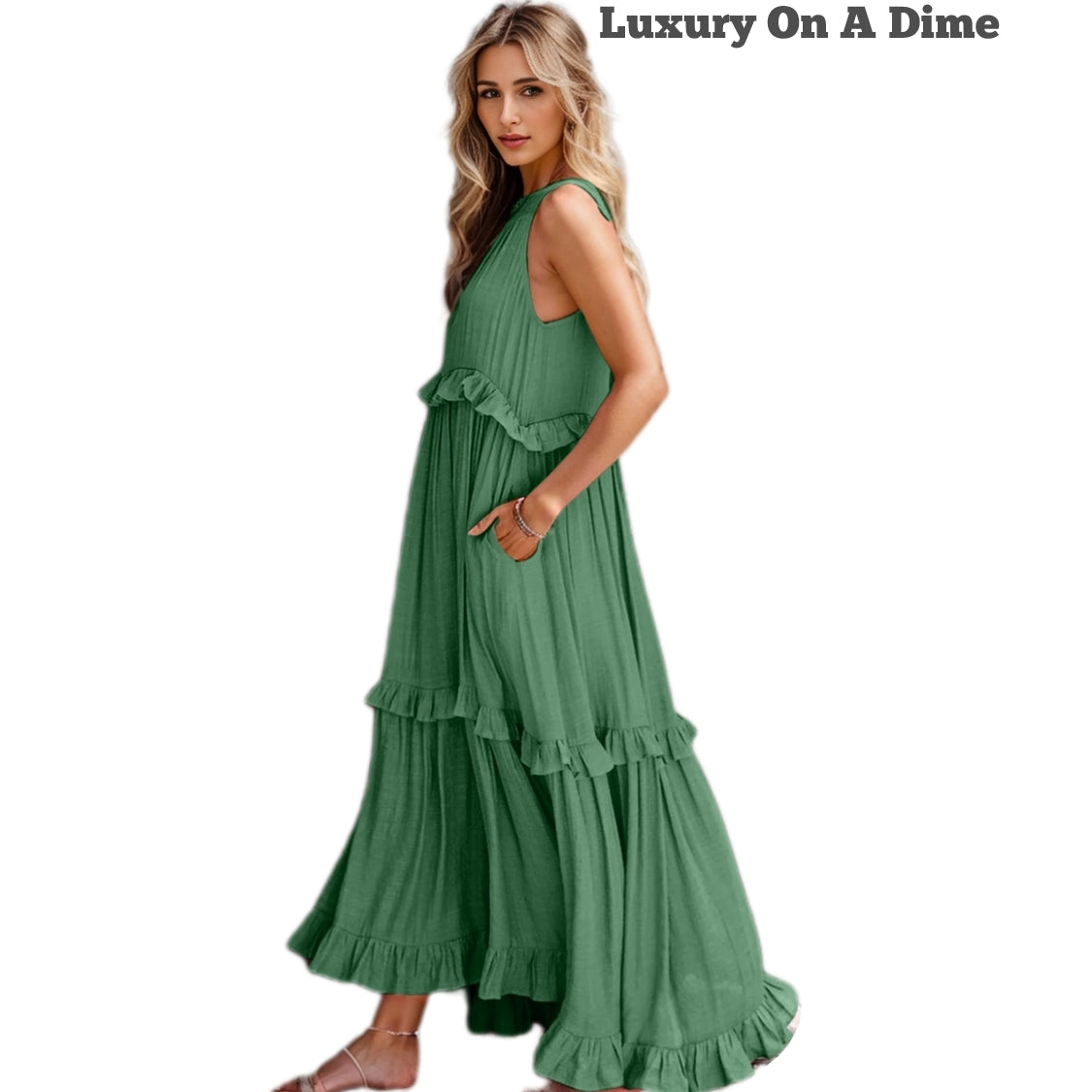 Ruffle Sleeveless Grecian Tie Back Tiered Summer Side Pocket Oversized High-Low Maxi Dress