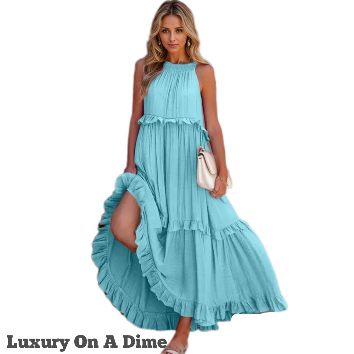 Ruffle Sleeveless Grecian Tie Back Tiered Summer Side Pocket Oversized High-Low Maxi Dress