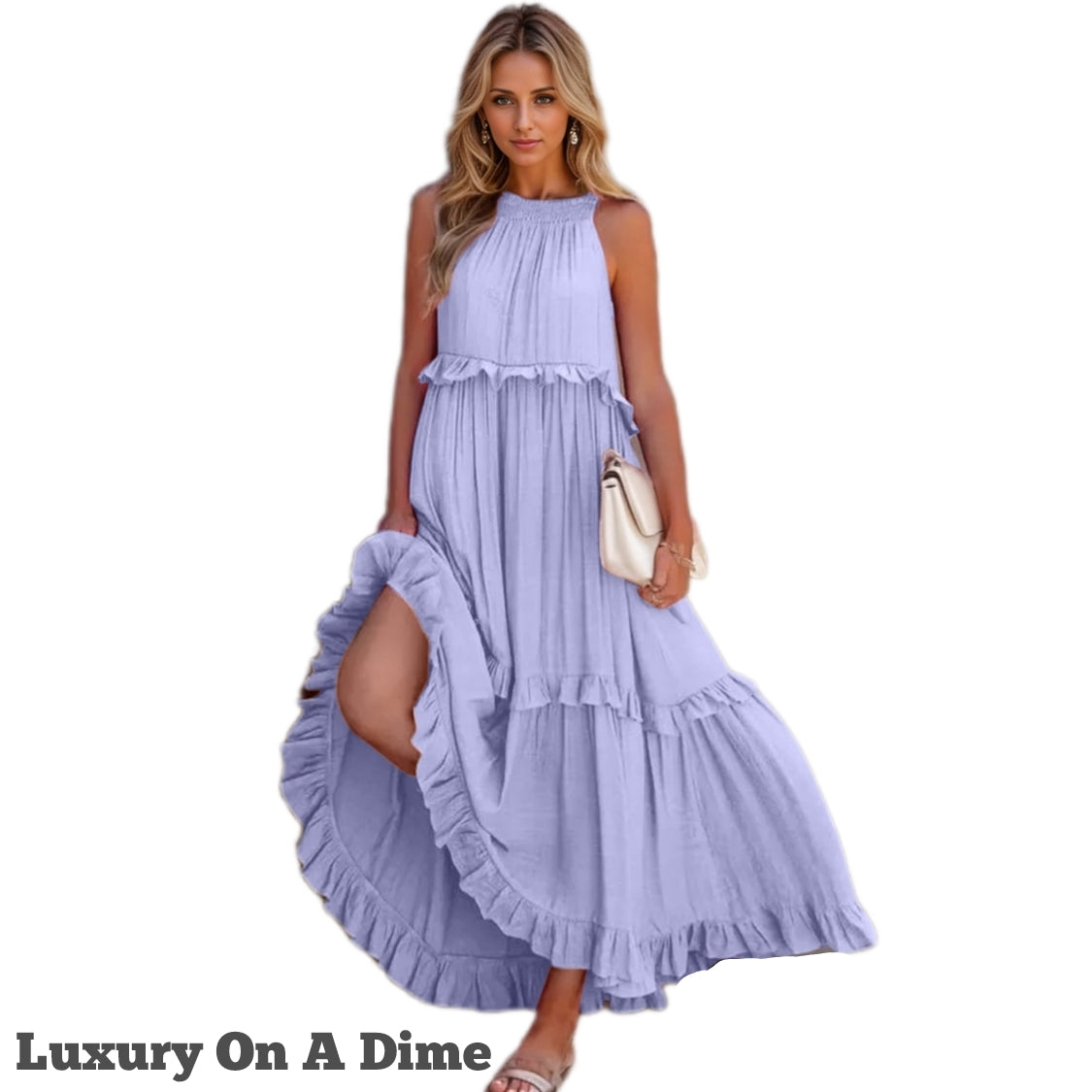 Ruffle Sleeveless Grecian Tie Back Tiered Summer Side Pocket Oversized High-Low Maxi Dress