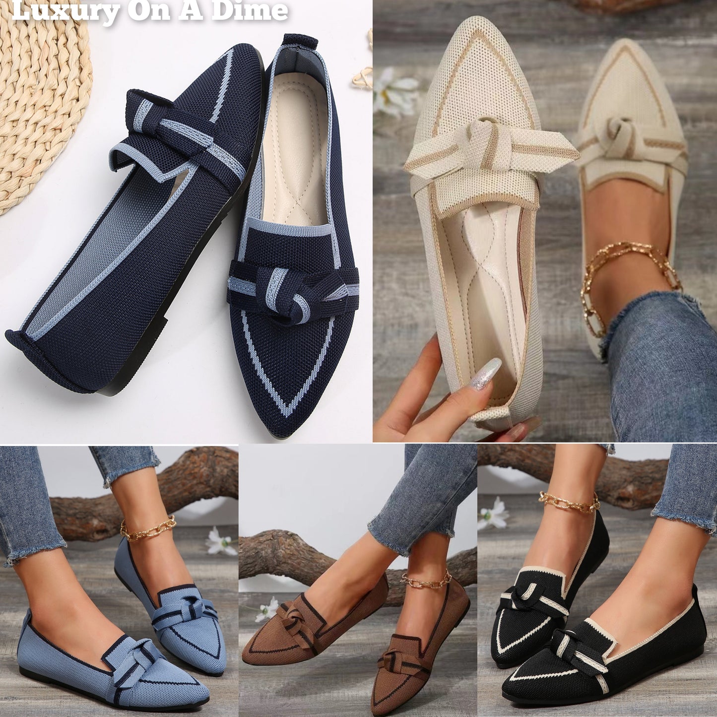 Pointed Bow Top Knit Contrasting Stripe Ballet Flat Casual Loafer Slip-on Shoes