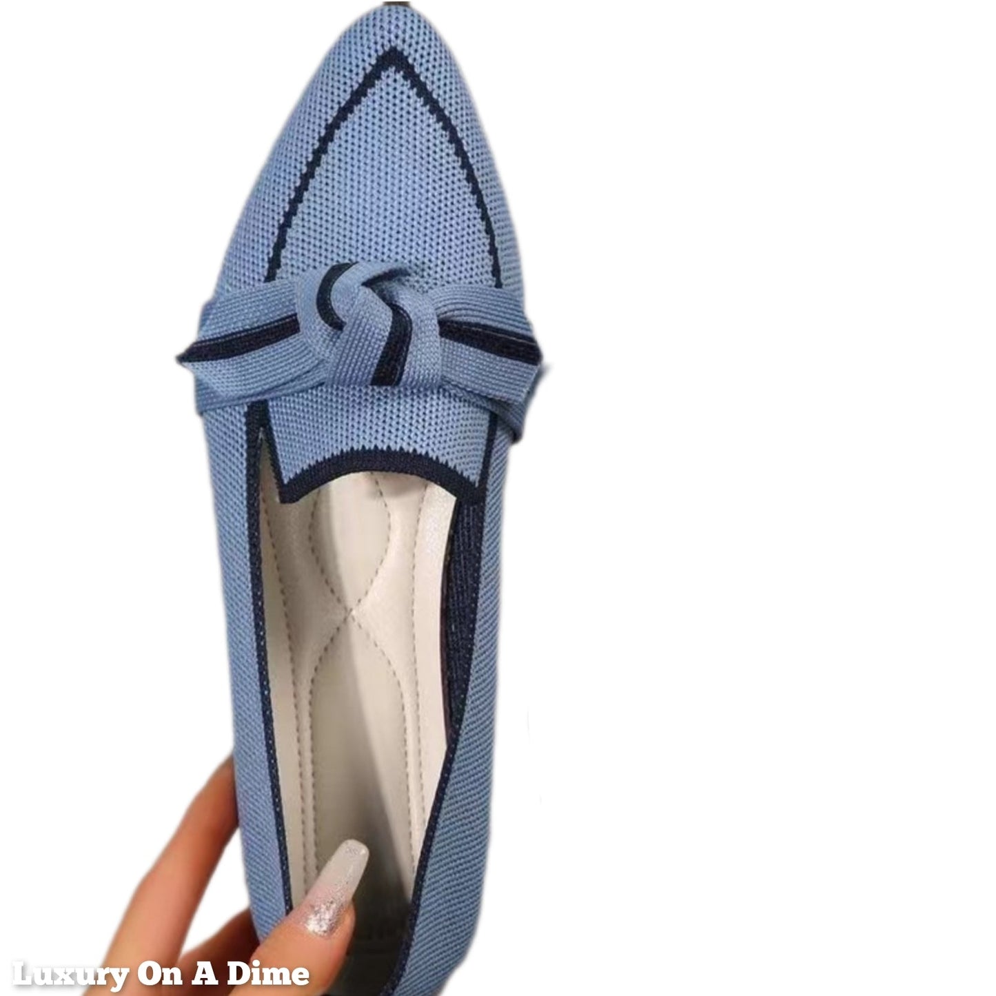 Pointed Bow Top Knit Contrasting Stripe Ballet Flat Casual Loafer Slip-on Shoes