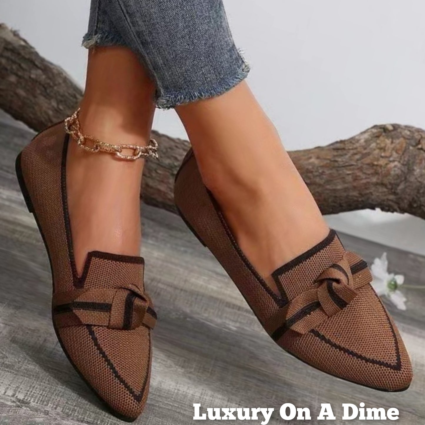 Pointed Bow Top Knit Contrasting Stripe Ballet Flat Casual Loafer Slip-on Shoes
