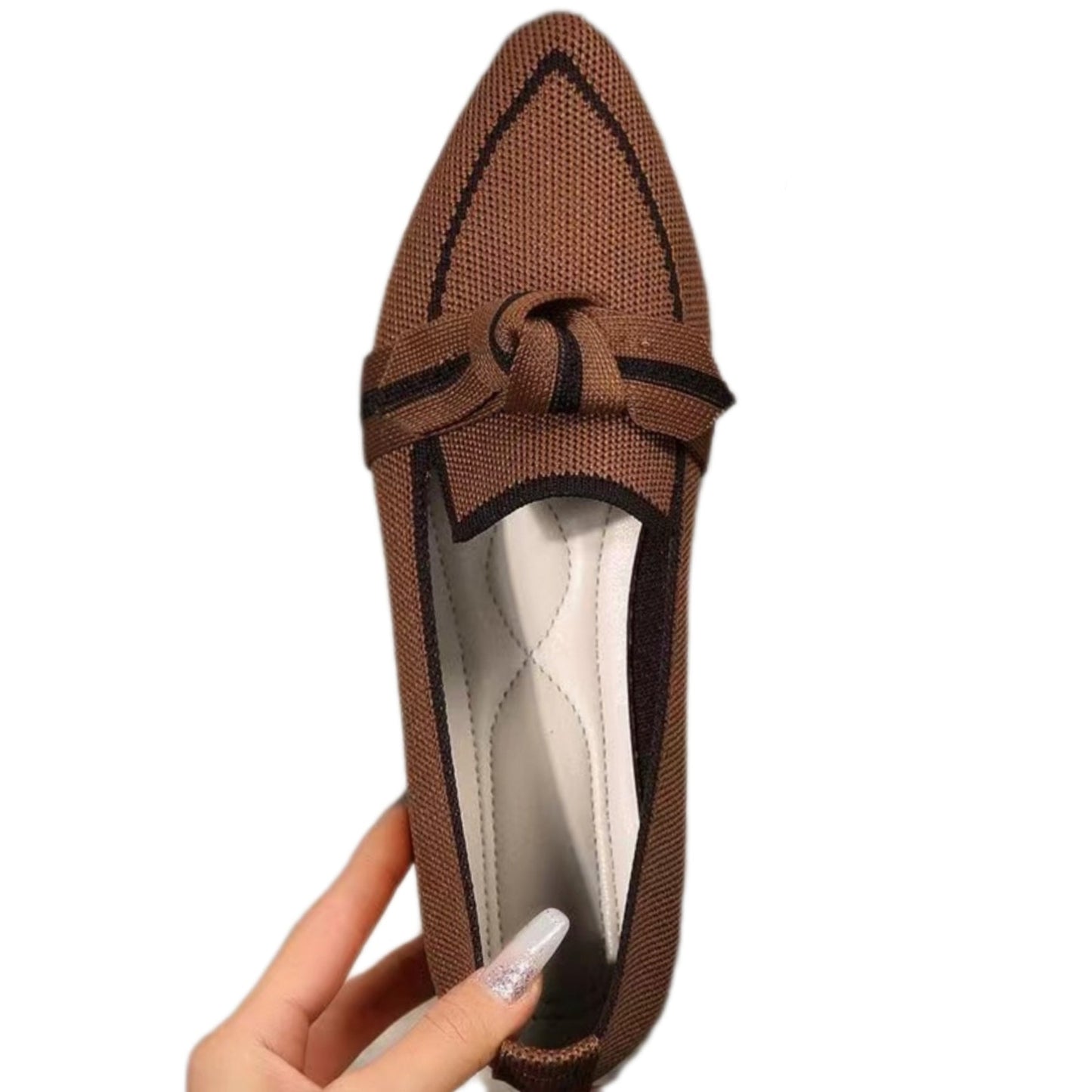Pointed Bow Top Knit Contrasting Stripe Ballet Flat Casual Loafer Slip-on Shoes