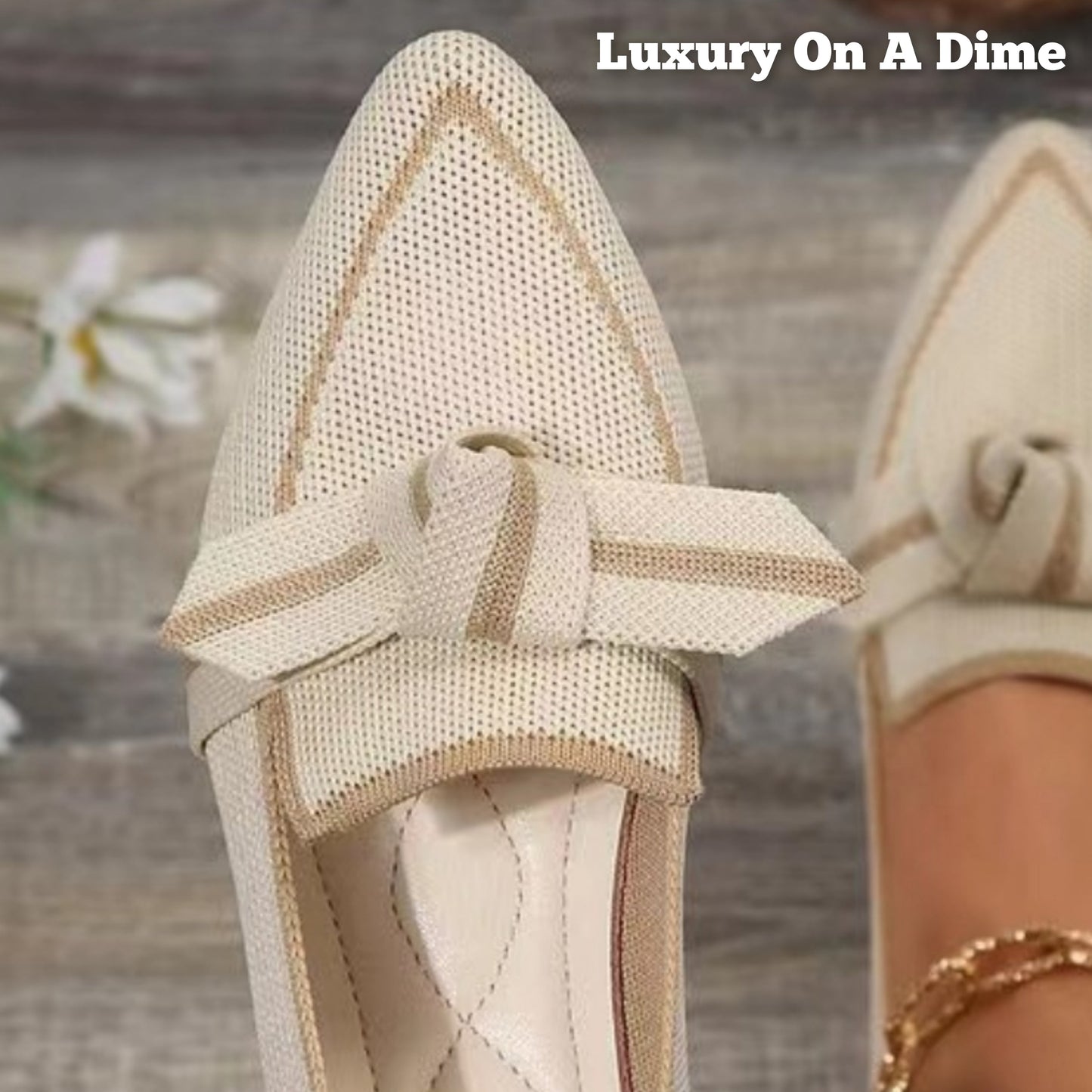 Pointed Bow Top Knit Contrasting Stripe Ballet Flat Casual Loafer Slip-on Shoes