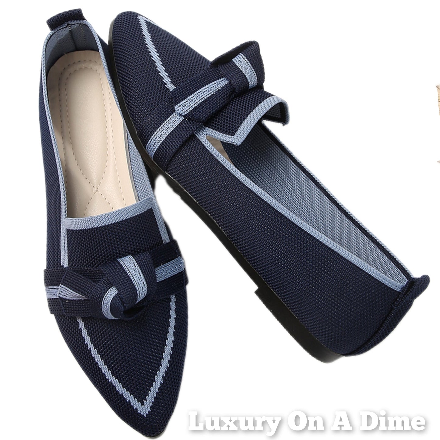 Pointed Bow Top Knit Contrasting Stripe Ballet Flat Casual Loafer Slip-on Shoes