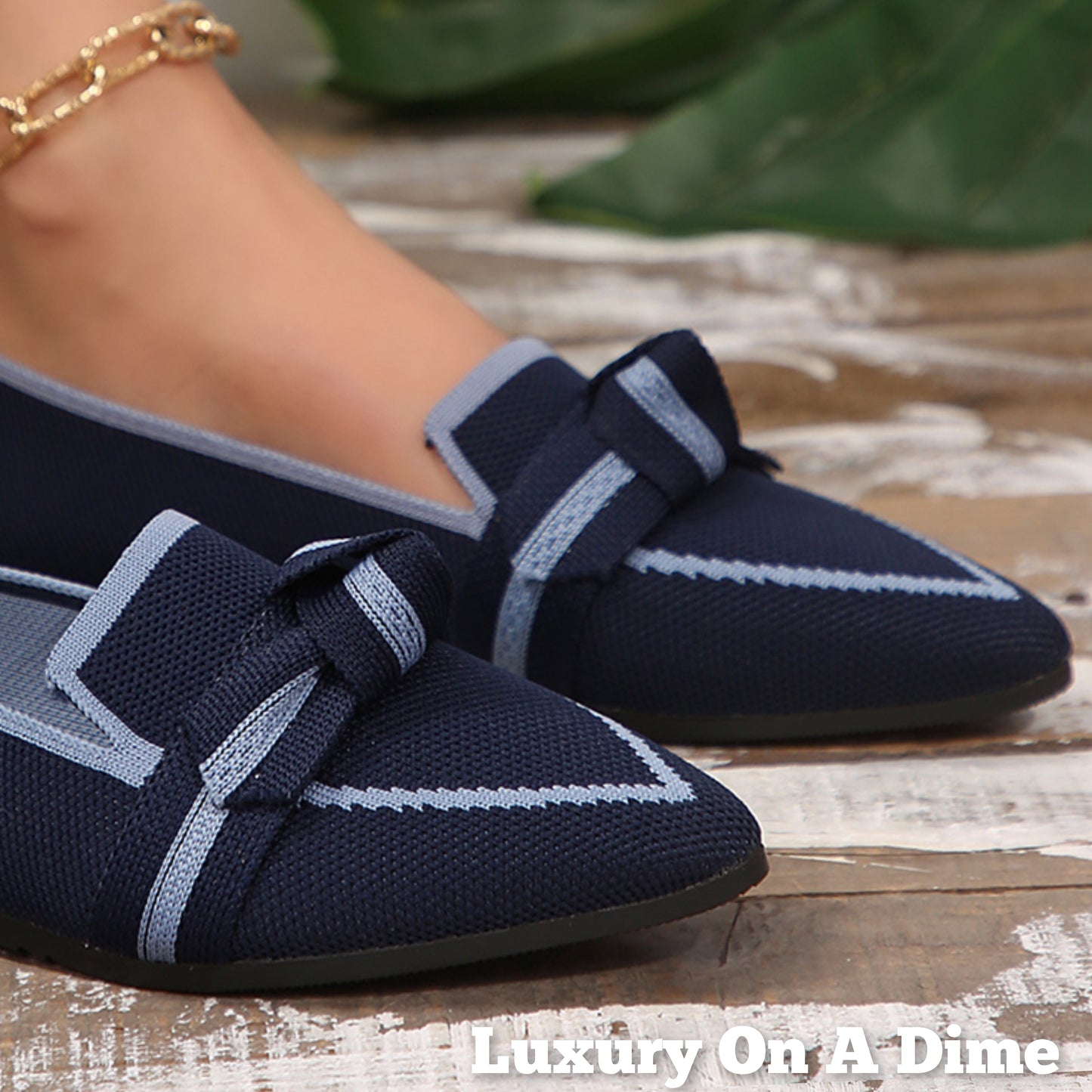 Pointed Bow Top Knit Contrasting Stripe Ballet Flat Casual Loafer Slip-on Shoes