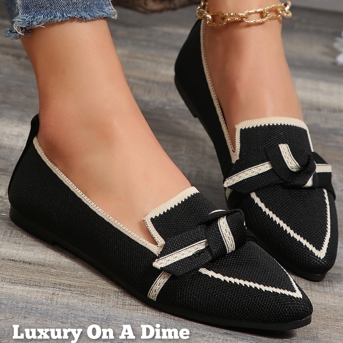 Pointed Bow Top Knit Contrasting Stripe Ballet Flat Casual Loafer Slip-on Shoes
