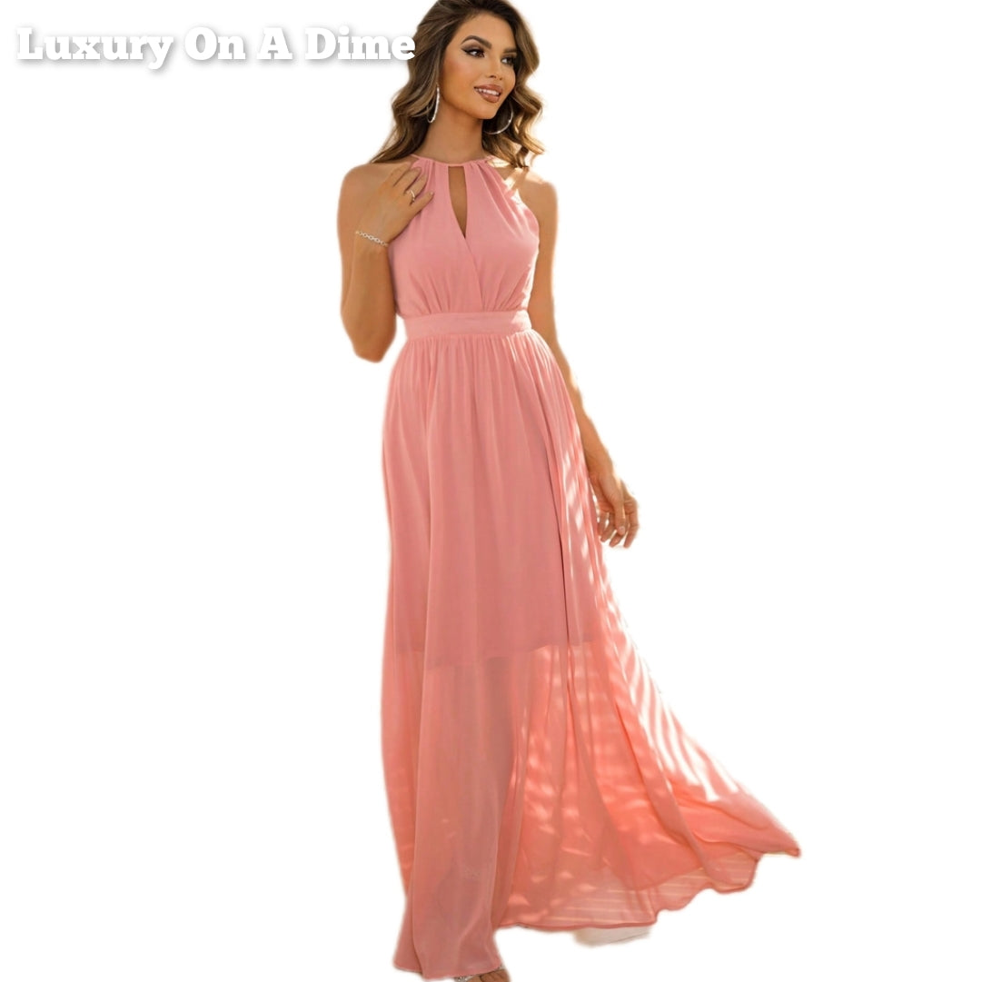 Grecian Cut-Out Surplice High-Neck Tie Sleeveless Empire Waist Maxi Dress Coral / M Grecian Cut-Out Surplice High-Neck Tie Sleeveless Empire Waist Maxi Dress Coral / M