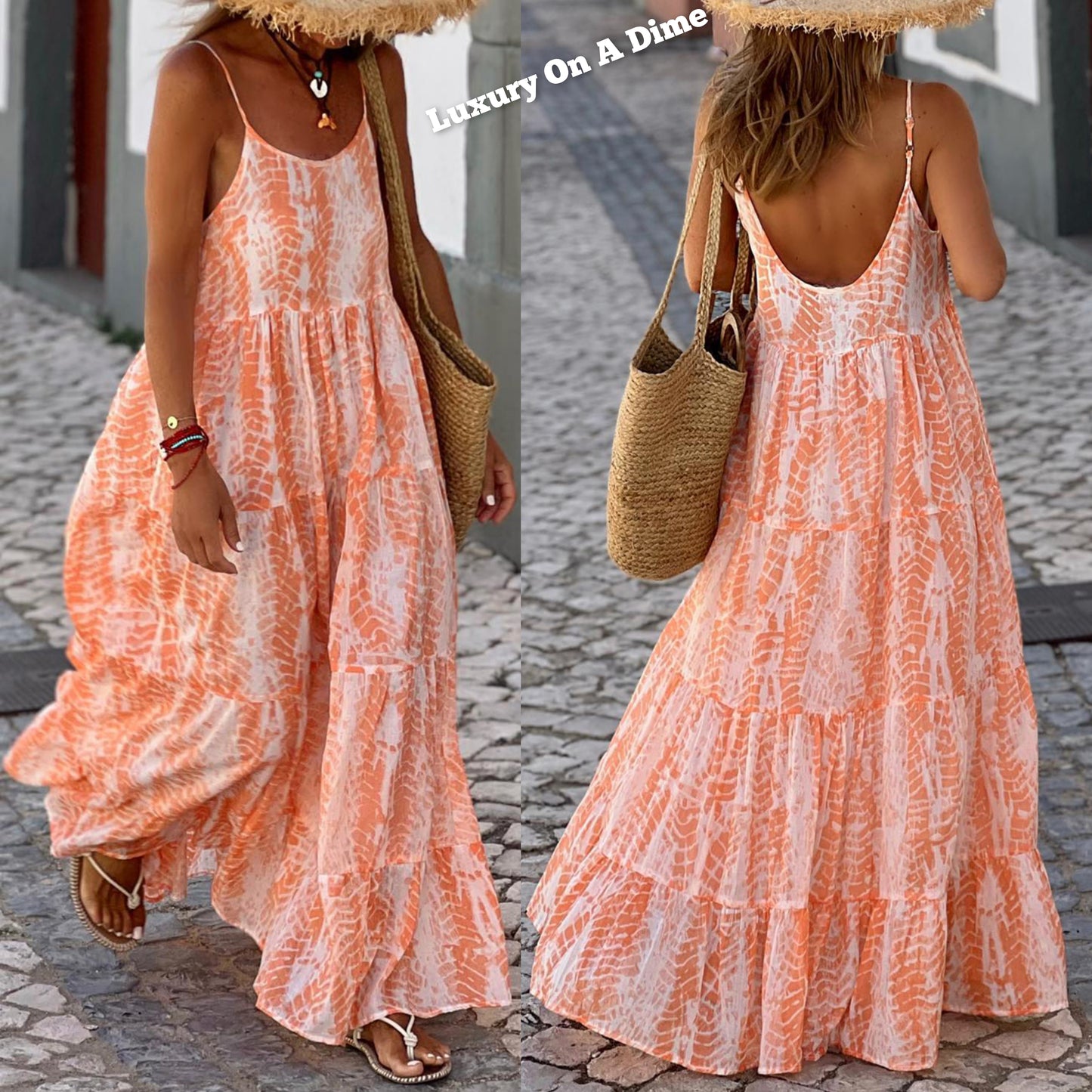 Retro Tie-Dye Sleeveless Spaghetti Strap Tiered Oversized Summer Maxi Dress