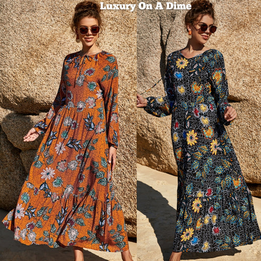 Colorful Retro Floral Modest Notched Tie Neck Long Sleeve Tiered Maxi Dress