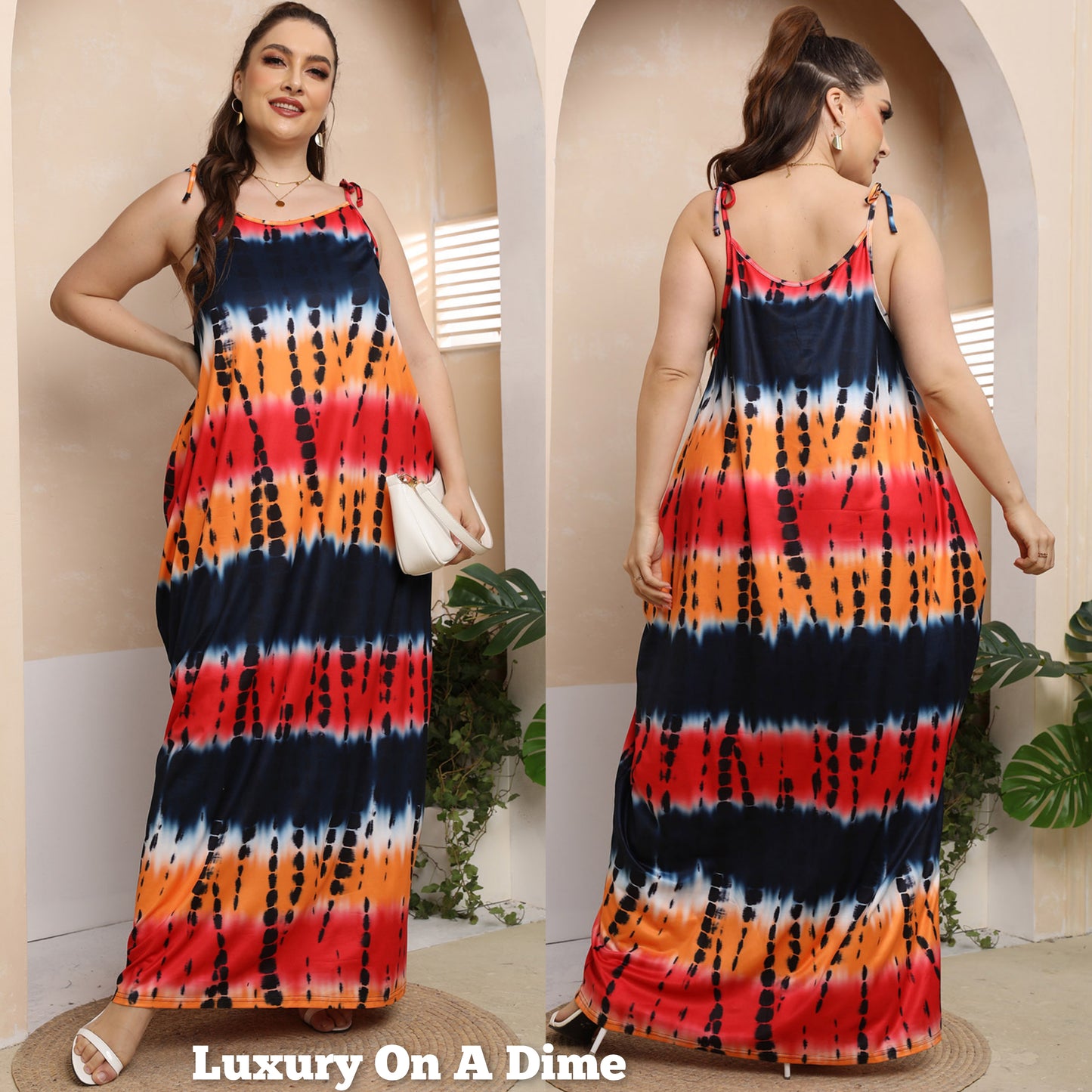 Retro Tie-Dye Sleeveless Adjustable Tie Spaghetti Strap Maxi Dress