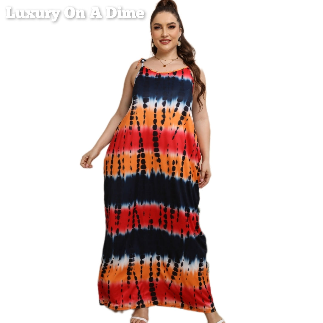 Retro Tie-Dye Sleeveless Adjustable Tie Spaghetti Strap Maxi Dress