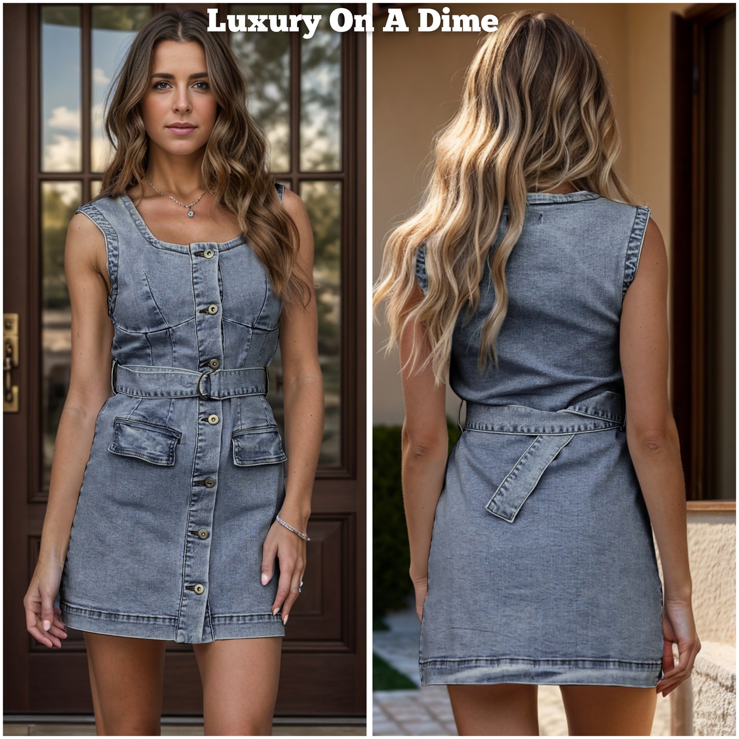 Belted Button Front Square Neck Sleeveless Retro Mini Blue Jean Denim Dress