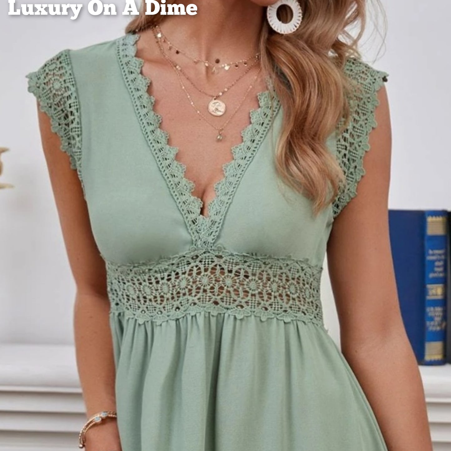 Elegant Lace Empire Waist Deep V-neck Sleeveless Bohemian Summer Midi Dress