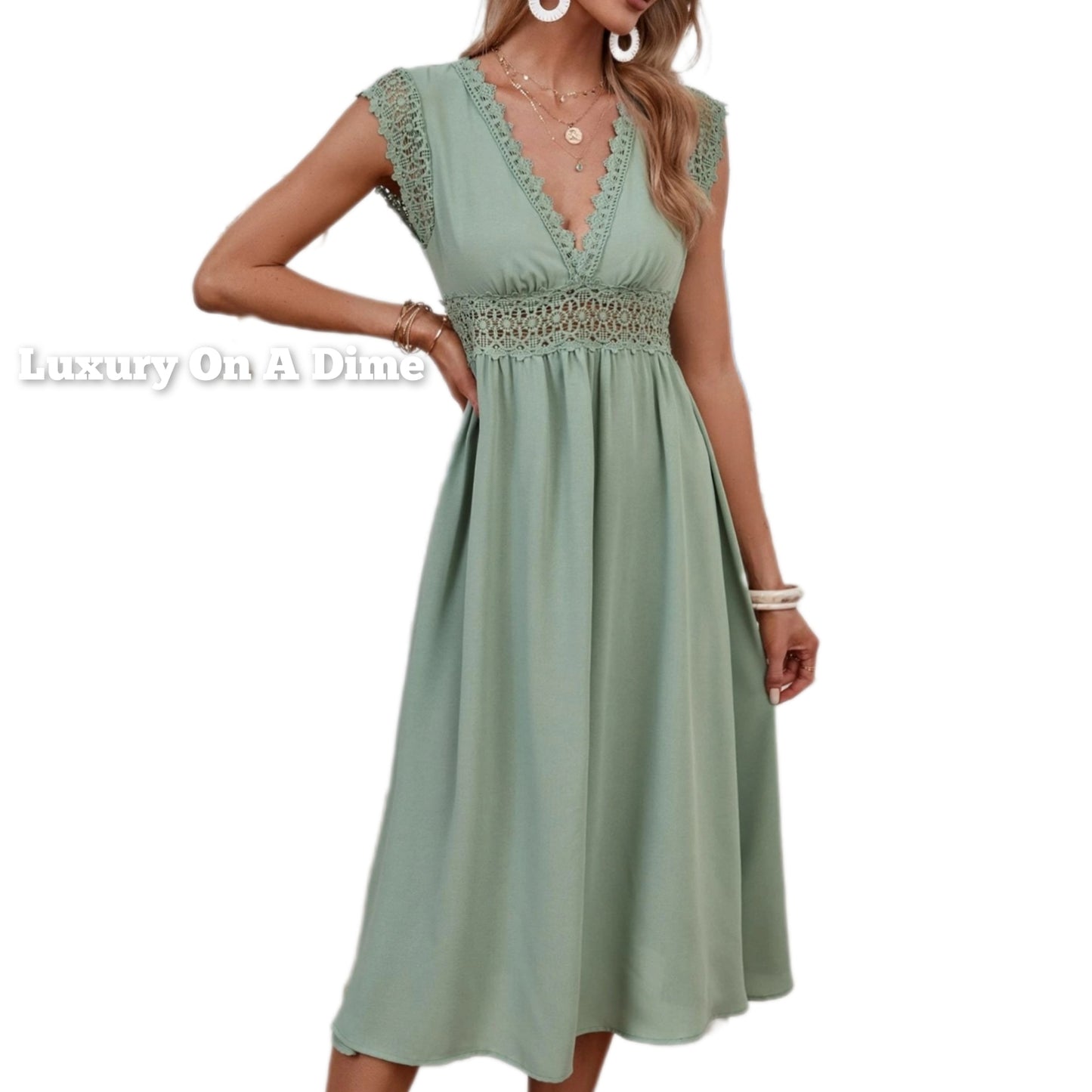 Elegant Lace Empire Waist Deep V-neck Sleeveless Bohemian Summer Midi Dress