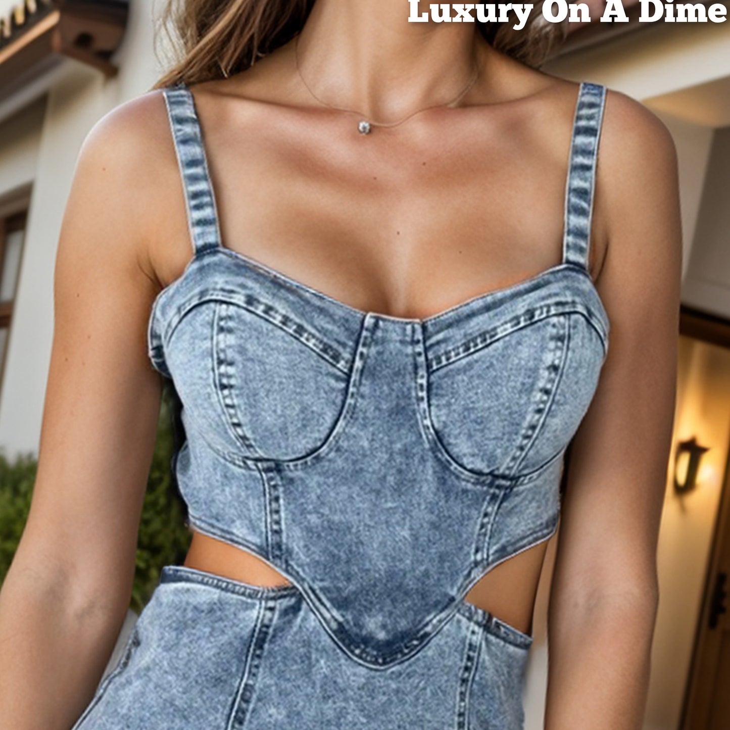 Blue Denim Cut-Out Waist Sleeveless Adjustable Strap Retro Jean Mini Dress