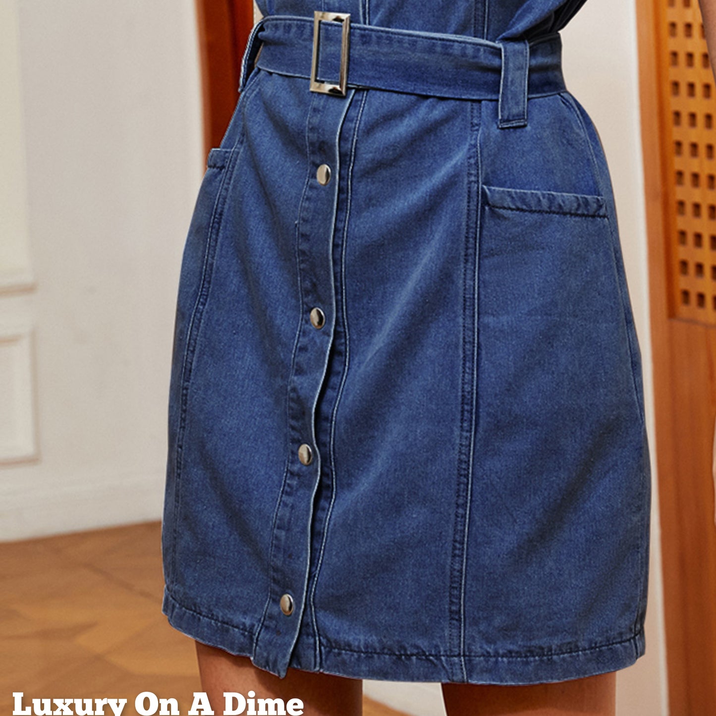 Belted Short Sleeve Full Snap Front Retro Pocket Blue Jean Denim Mini Shirt Dress