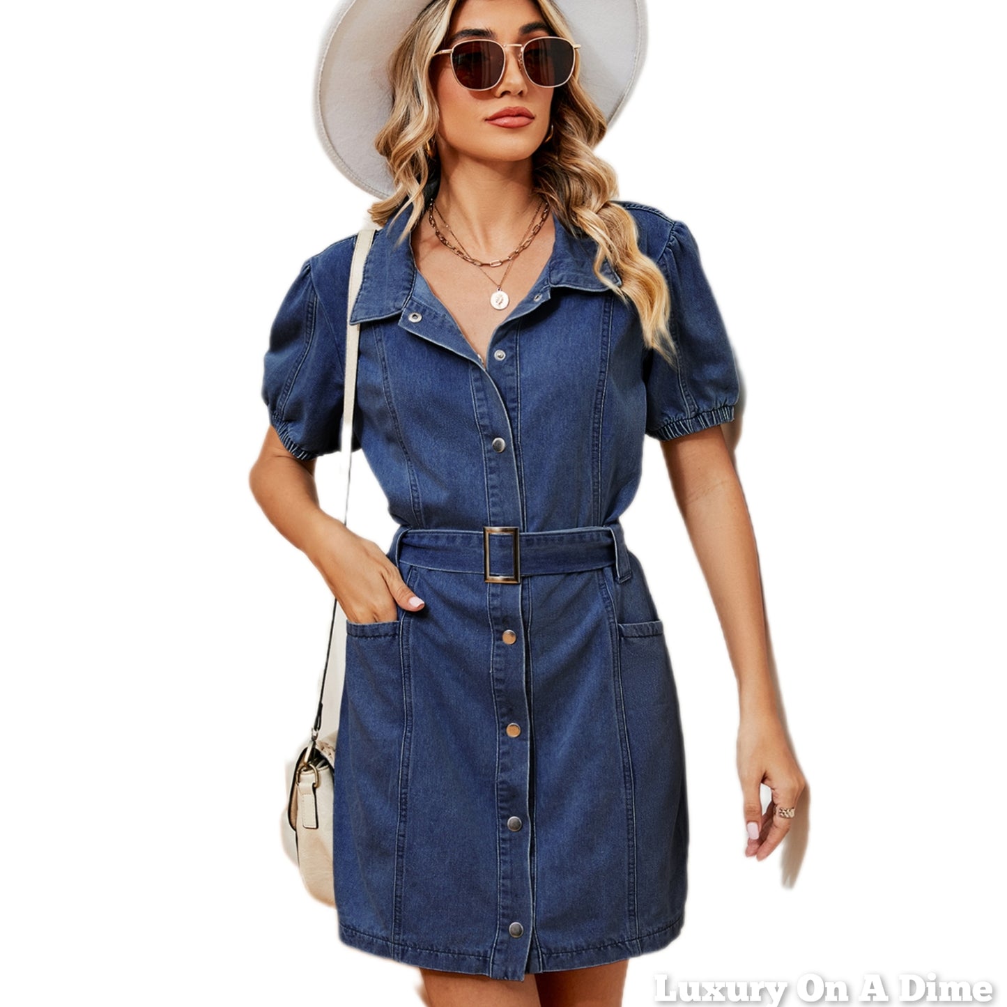 Belted Short Sleeve Full Snap Front Retro Pocket Blue Jean Denim Mini Shirt Dress