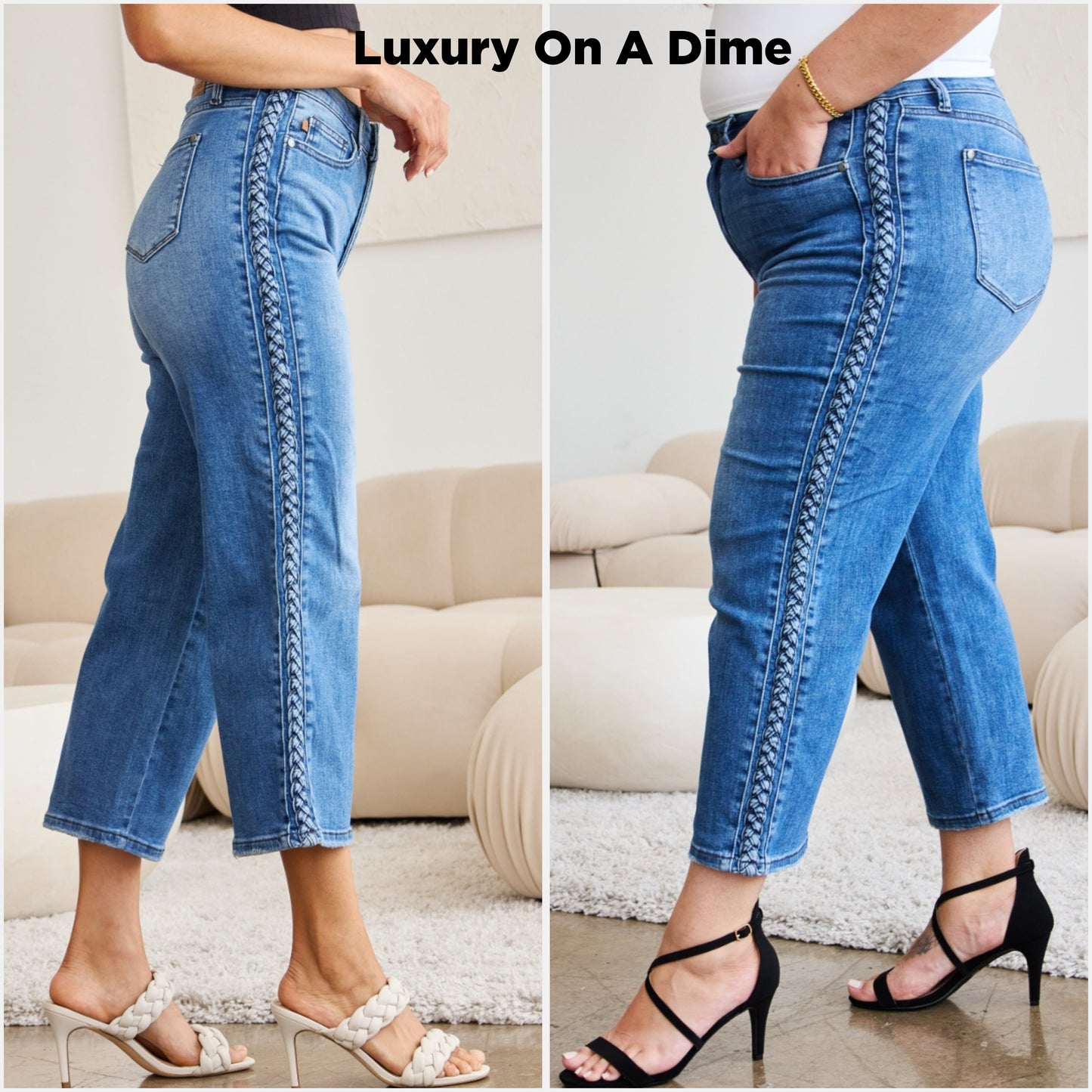 Braided High-Rise Wide Leg Cropped Hem Denim Jean Pants Judy Blue