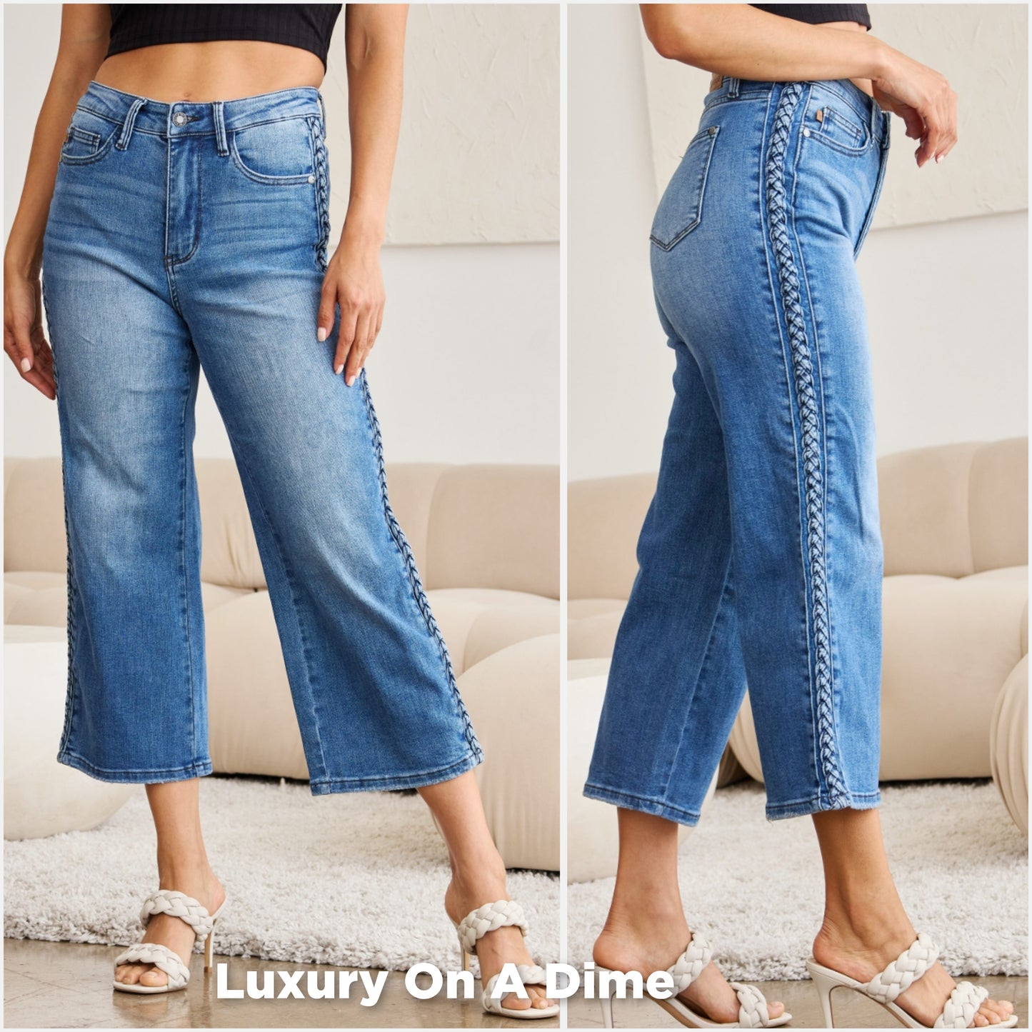 Braided High-Rise Wide Leg Cropped Hem Denim Jean Pants Judy Blue