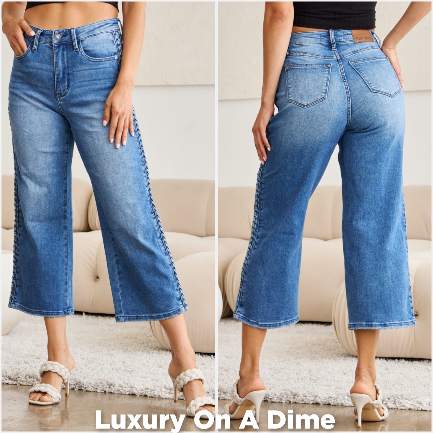 Braided High-Rise Wide Leg Cropped Hem Denim Jean Pants Judy Blue