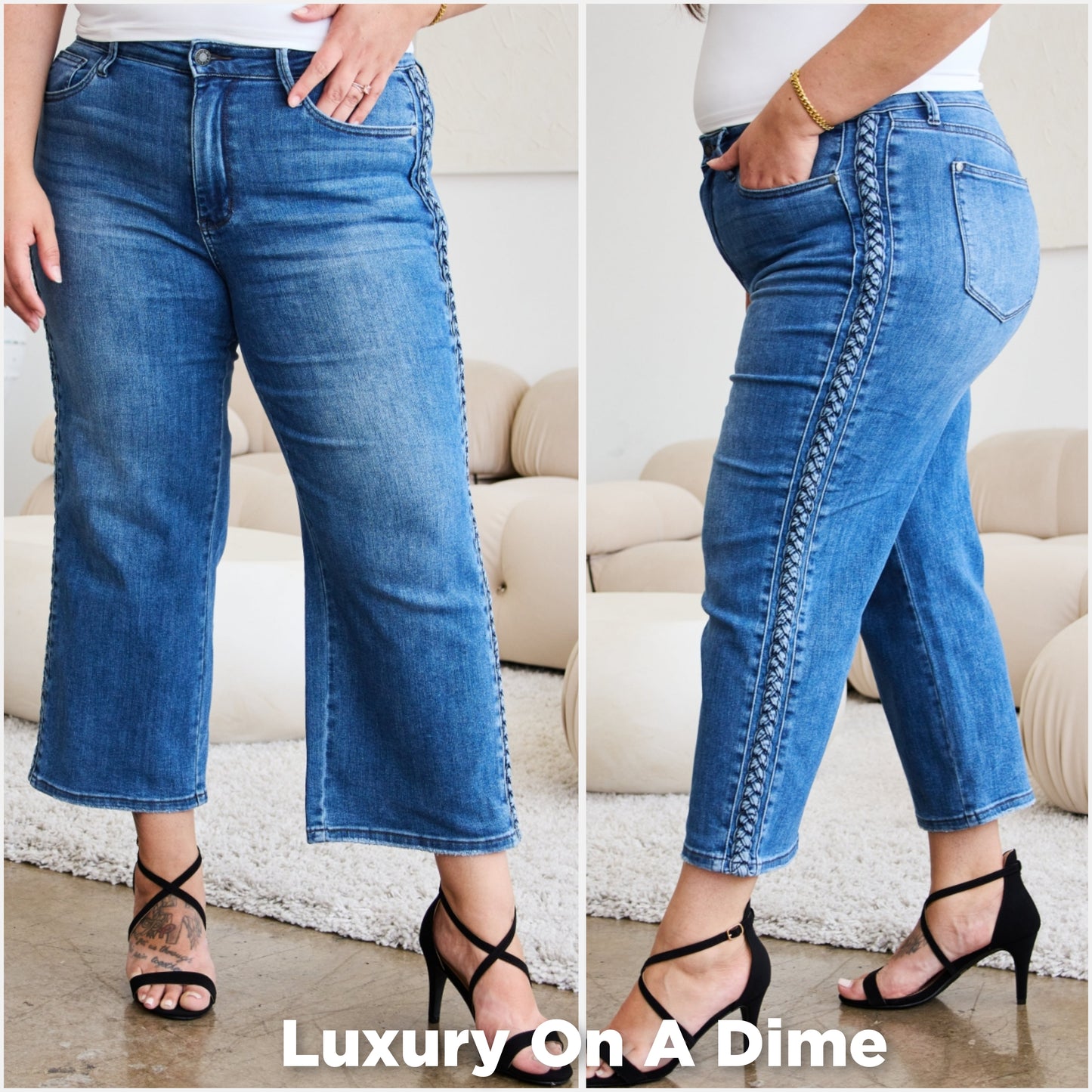 Braided High-Rise Wide Leg Cropped Hem Denim Jean Pants Judy Blue