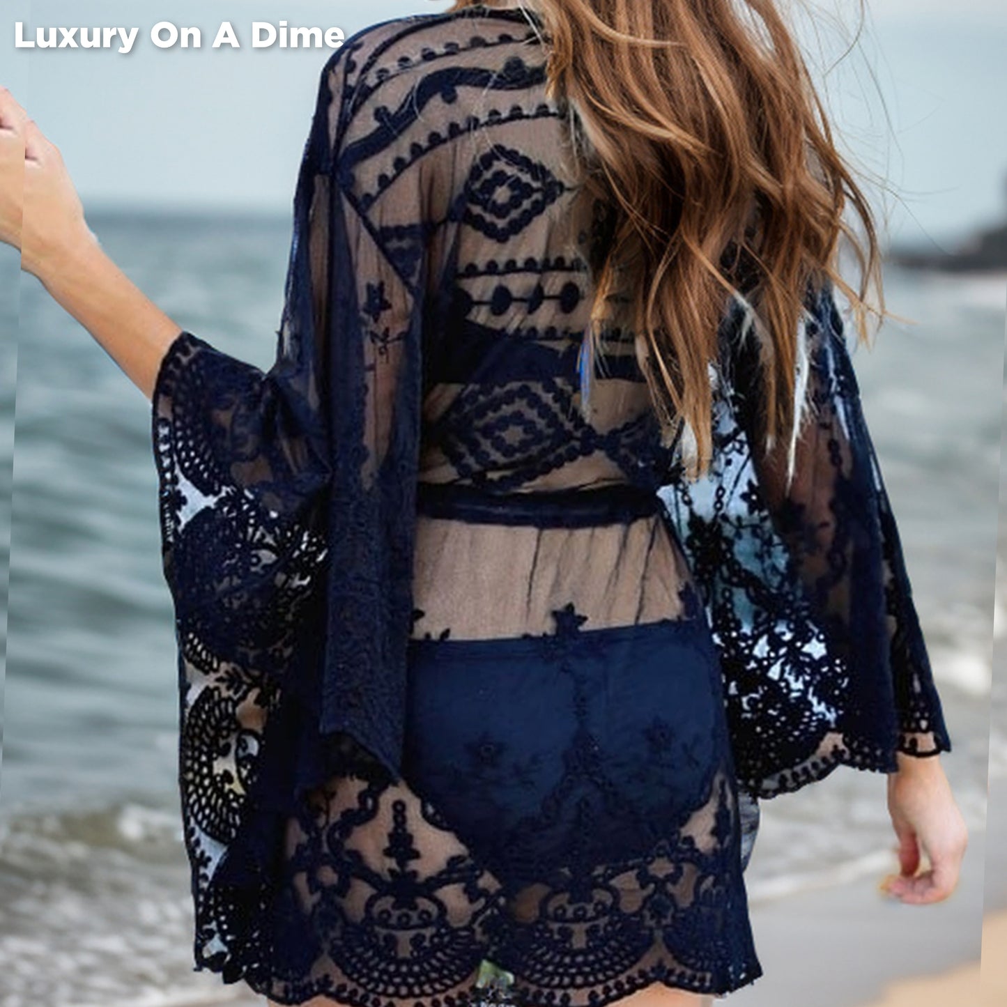 Bohemian Lace Retro Batwing Swim Coverup Mini Dress V-neck Swimwear Cover