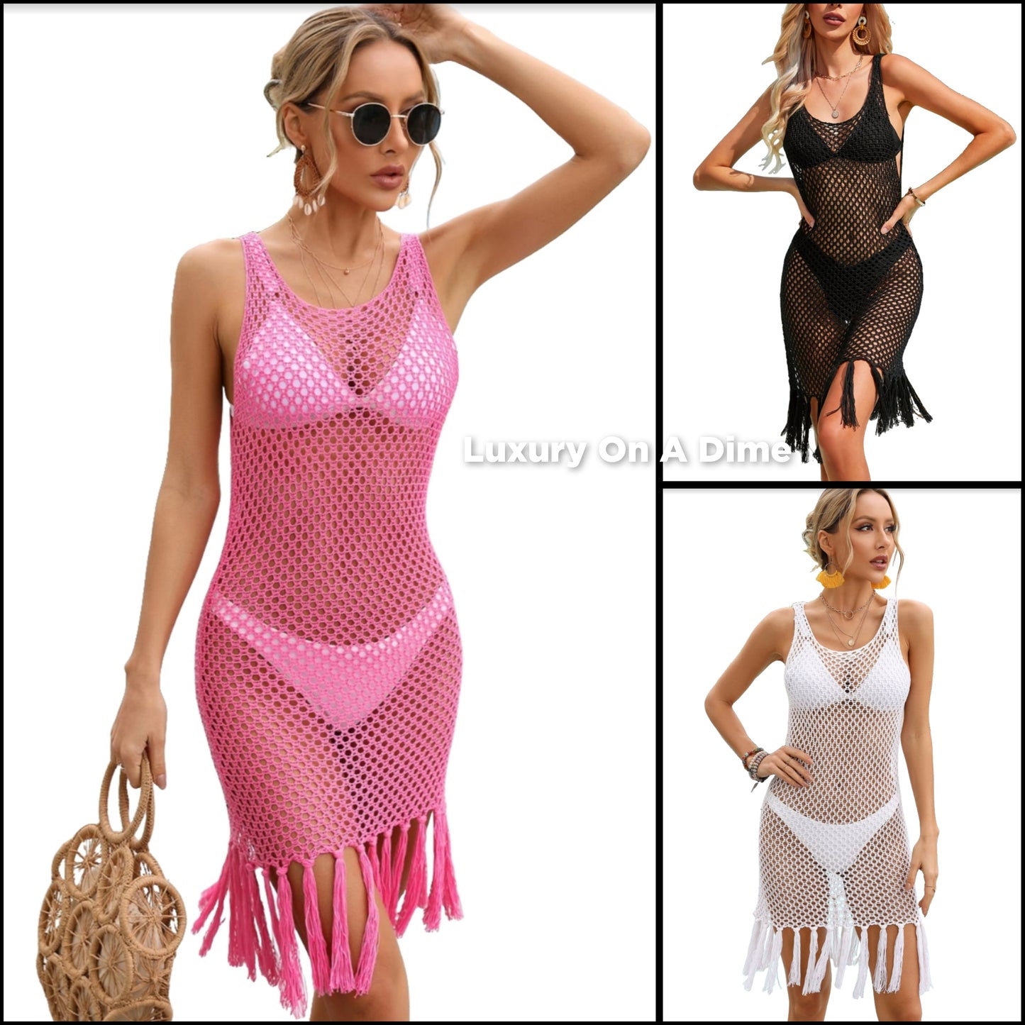 Sleeveless Crochet Retro Fringe Tassel Openwork Macrame Swimwear Coverup Dress