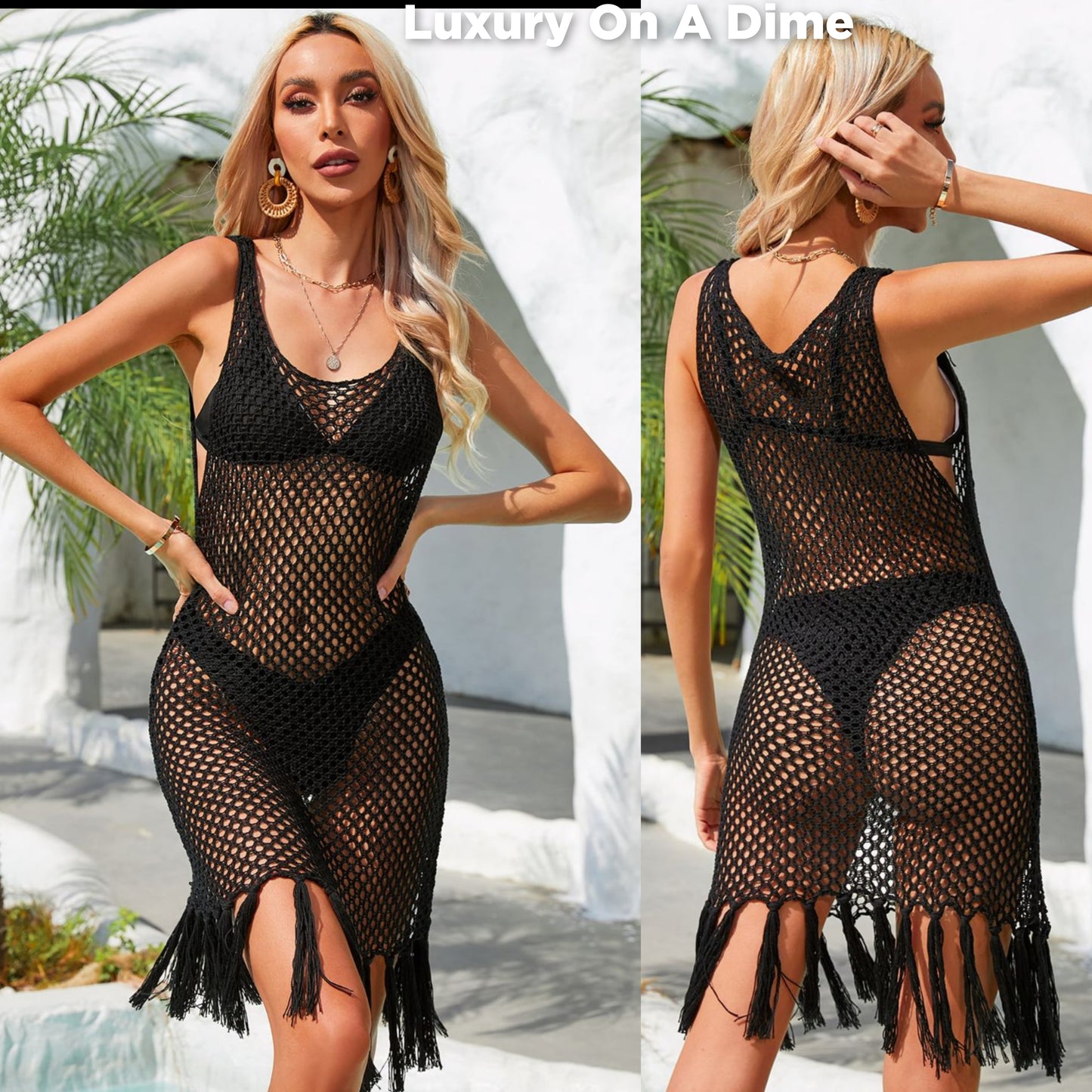 Sleeveless Crochet Retro Fringe Tassel Openwork Macrame Swimwear Coverup Dress