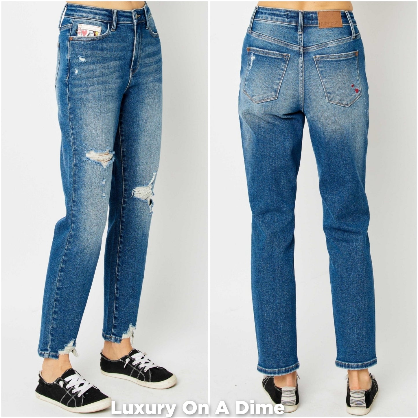 Judy Blue Queen Of Hearts Mid-Rise Distressed Torn Denim Slim Mom Jean Pants