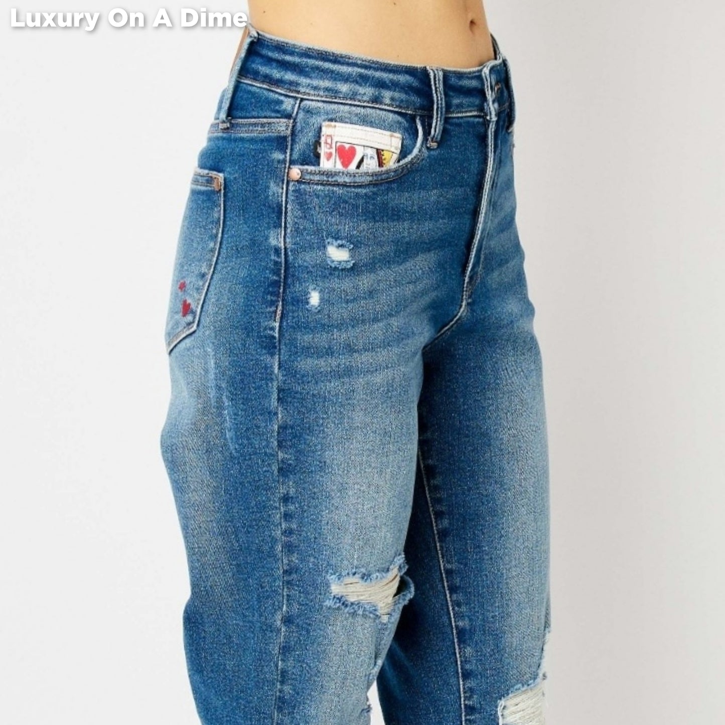 Judy Blue Queen Of Hearts Mid-Rise Distressed Torn Denim Slim Mom Jean Pants