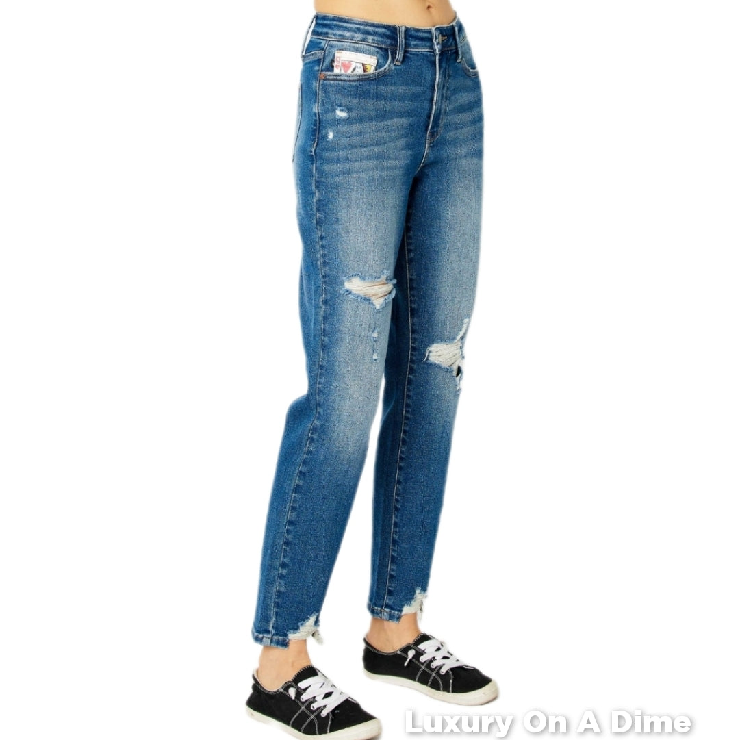 Judy Blue Queen Of Hearts Mid-Rise Distressed Torn Denim Slim Mom Jean Pants