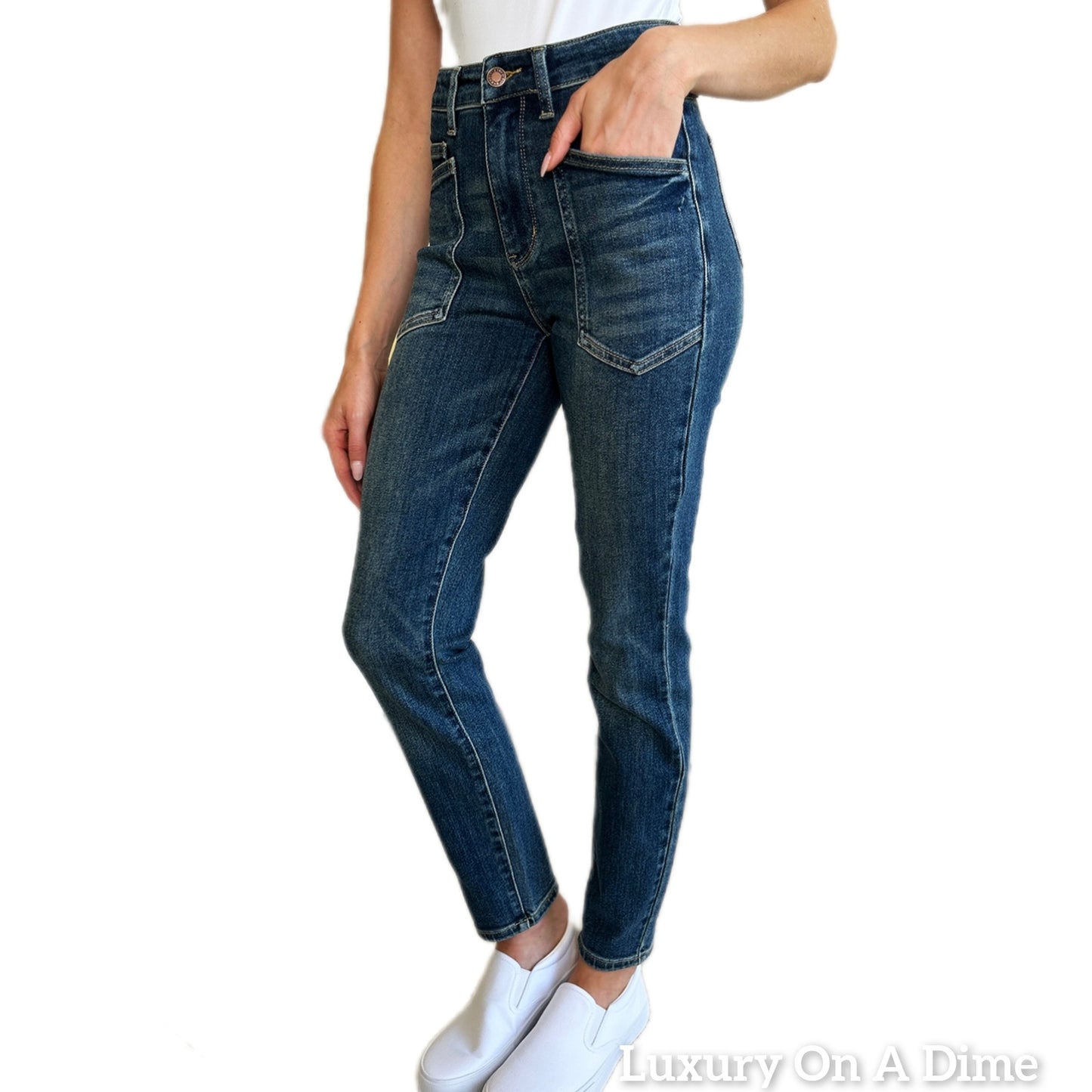 High Waist Skinny Stretch Slim Retro 90s Mom Patch Pocket Jean Pants Judy Blue